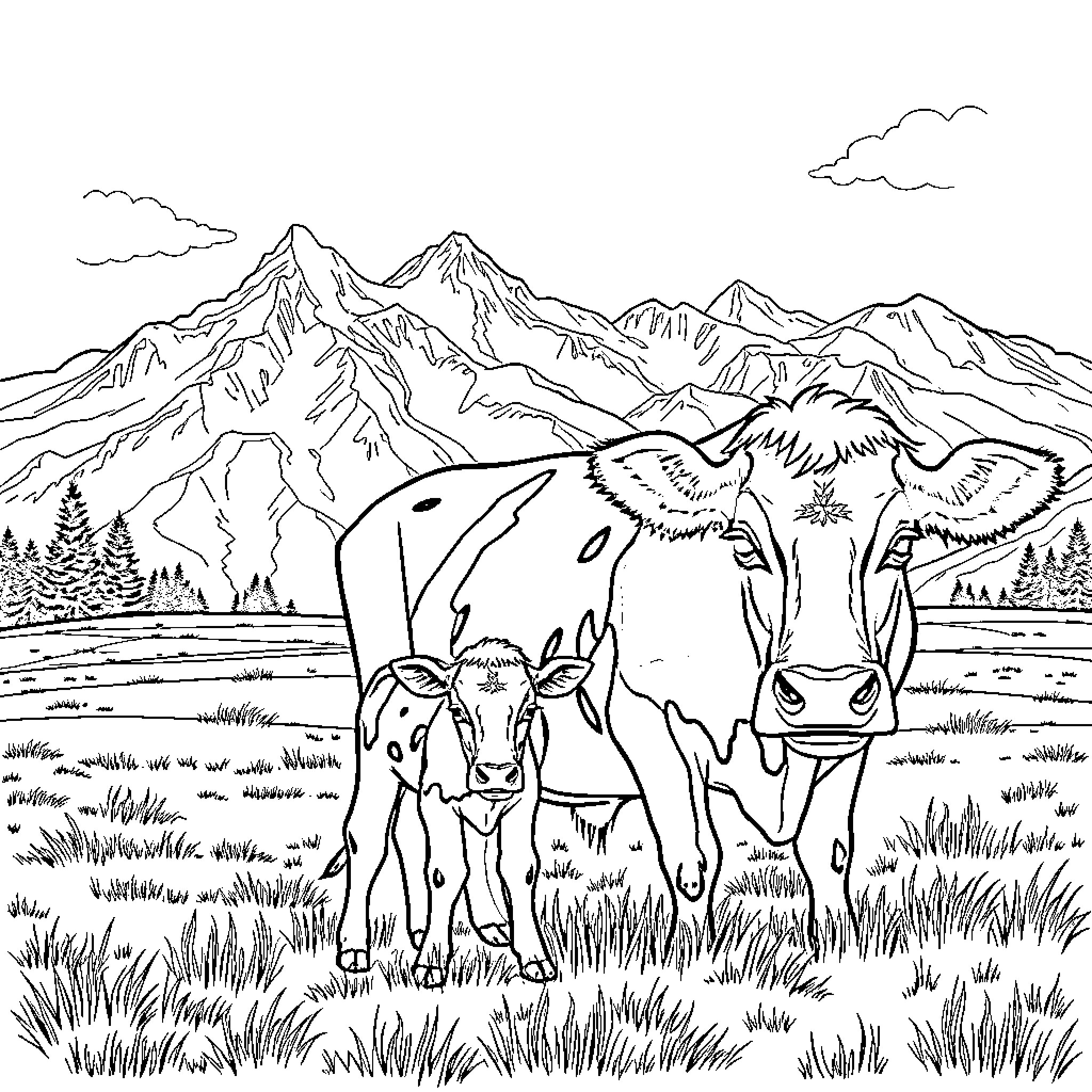 Cow grazing peacefully in the mountainous landscape Coloring Page (free black-and-white line drawing printable PDF for all, from beginners to advanced learners, including children, teens, adults, and seniors)