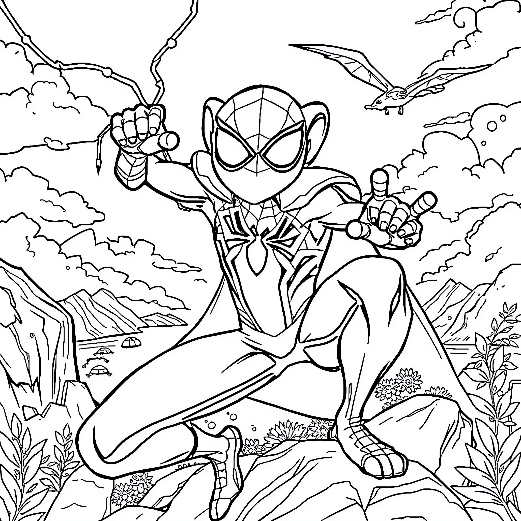 Spidy swinging through the city with action Coloring Page (free black-and-white line drawing printable PDF for all, from beginners to advanced learners, including children, teens, adults, and seniors)