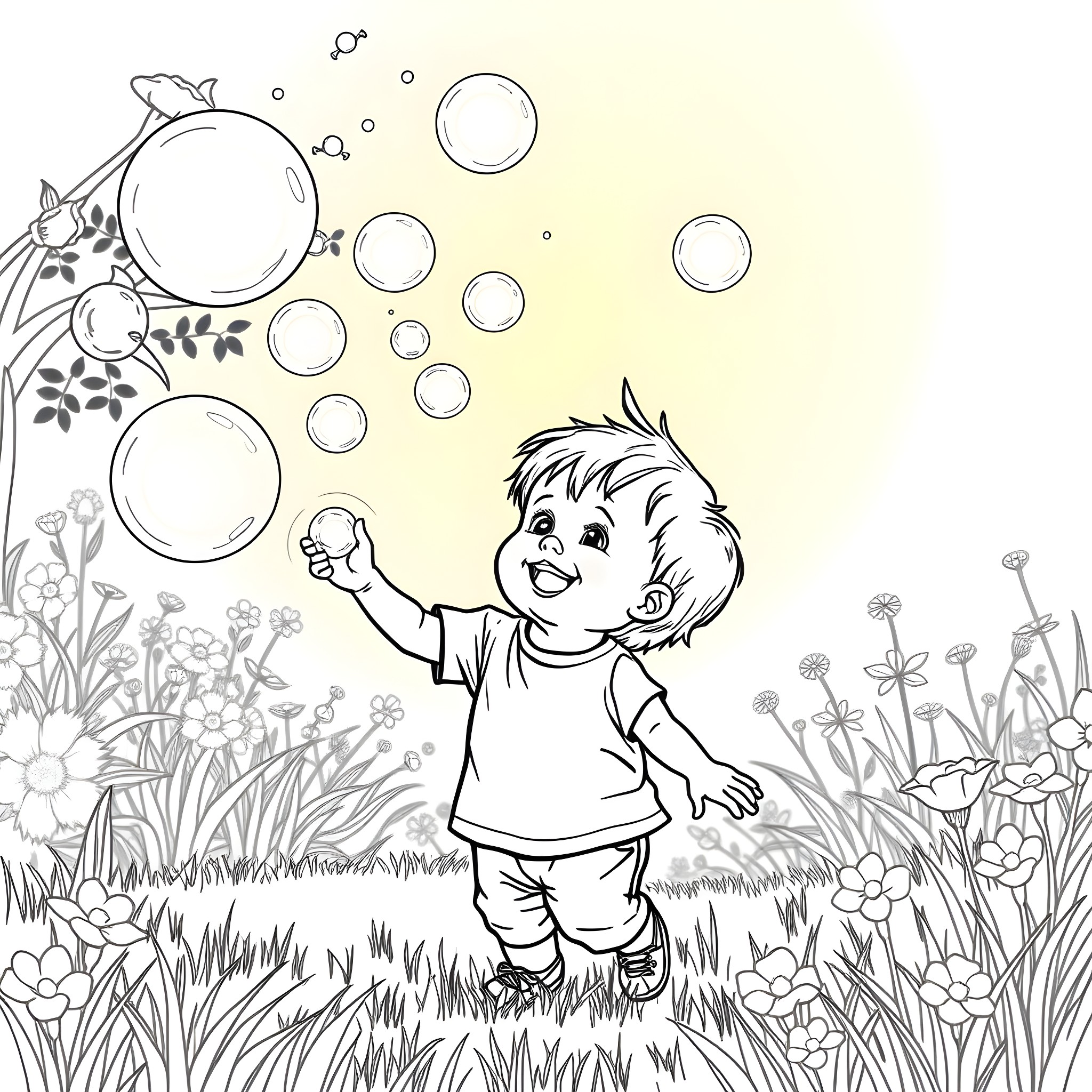 Toddler playing joyfully with bubbles in the meadow Coloring Page (free black-and-white line drawing printable PDF for all, from beginners to advanced learners, including children, teens, adults, and seniors)