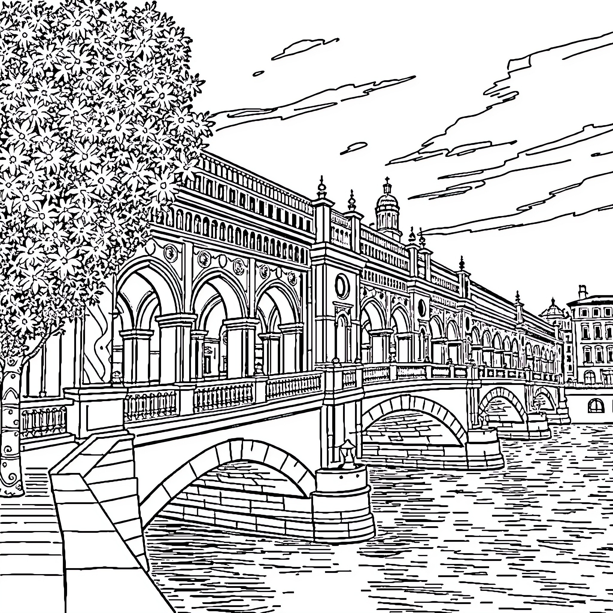 Triana Bridge Architectural Landmark Coloring Page (free black-and-white line drawing printable PDF for all, from beginners to advanced learners, including children, teens, adults, and seniors)