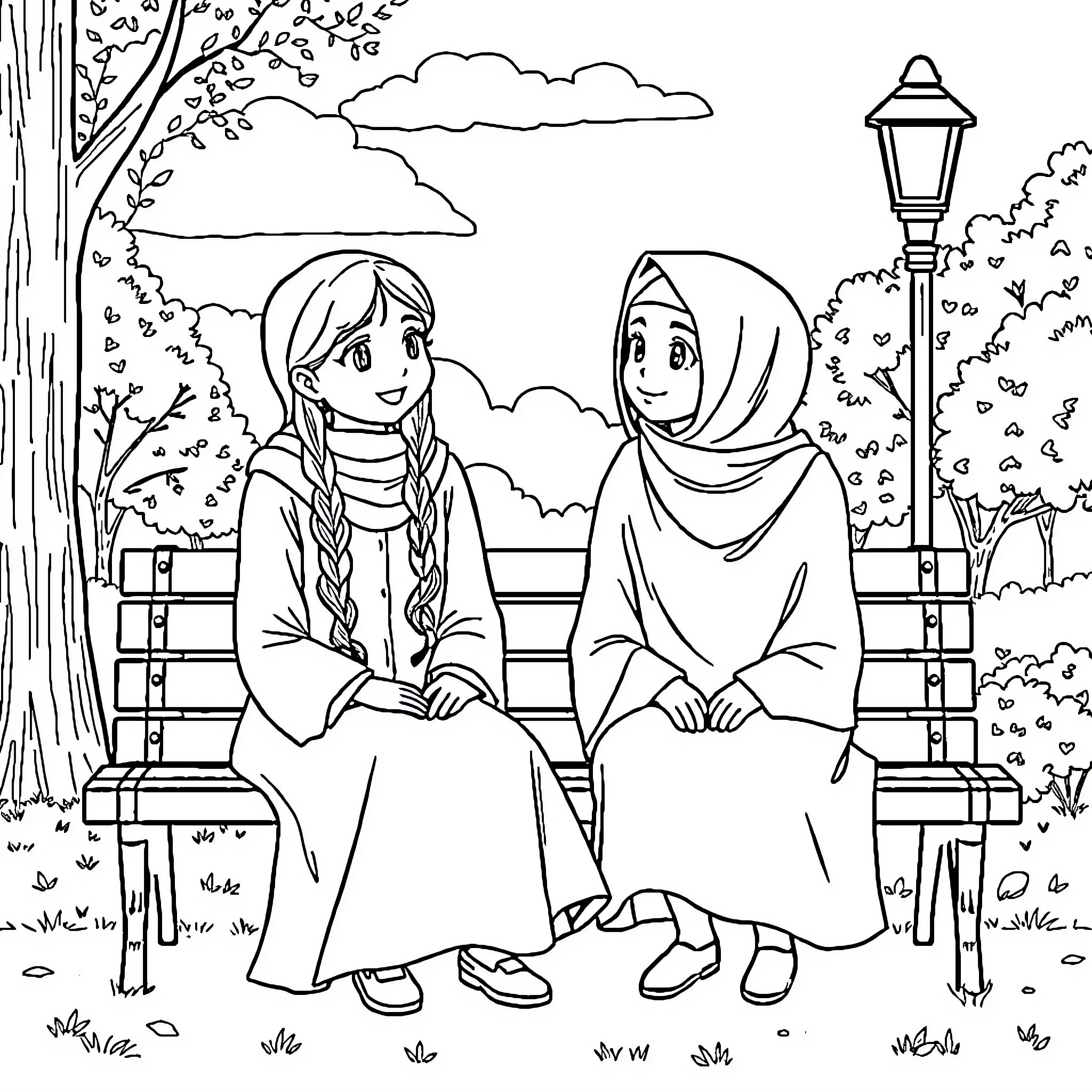 Jinu and Rumi share a thoughtful moment in the park Coloring Page (free black-and-white line drawing printable PDF for all, from beginners to advanced learners, including children, teens, adults, and seniors)