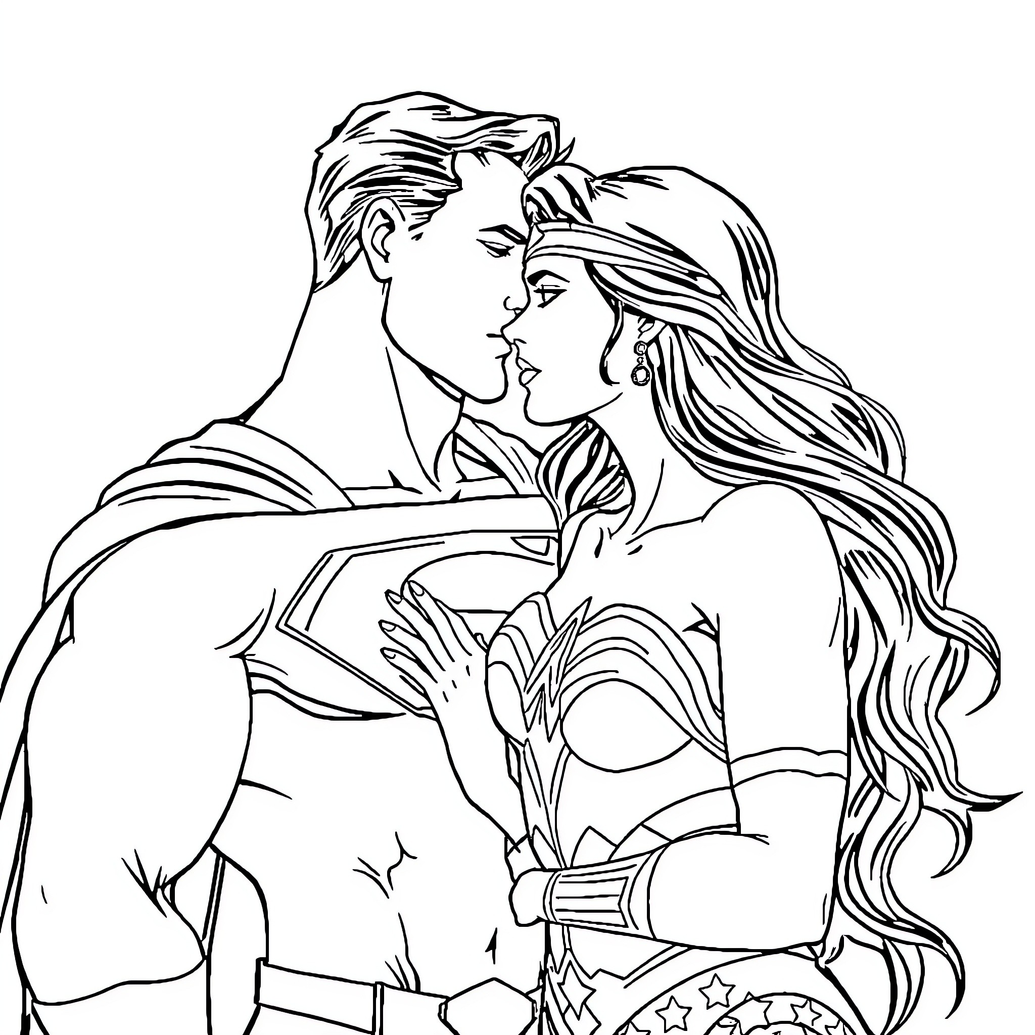 Superman embracing Wonder Woman in a tender moment Coloring Page (free black-and-white line drawing printable PDF for all, from beginners to advanced learners, including children, teens, adults, and seniors)