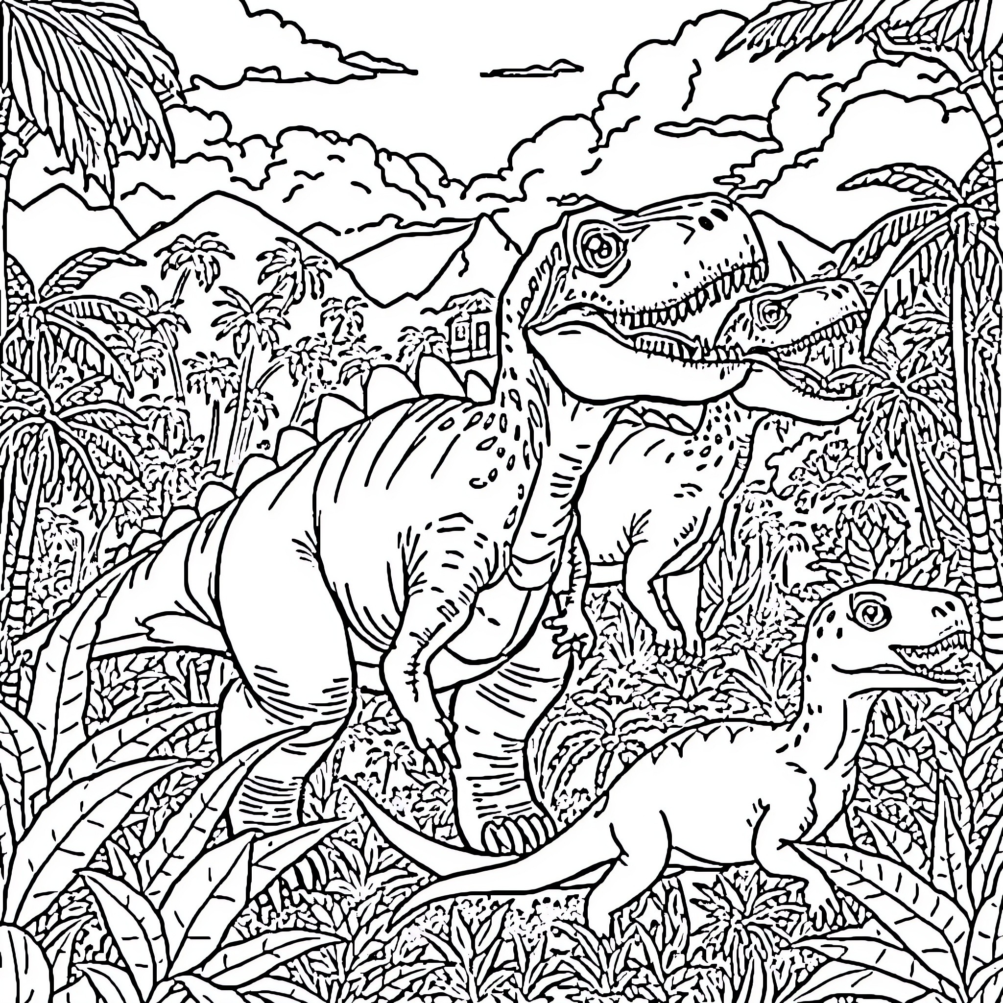 Dinosaurs roaming in lush prehistoric landscape Coloring Page (free black-and-white line drawing printable PDF for all, from beginners to advanced learners, including children, teens, adults, and seniors)