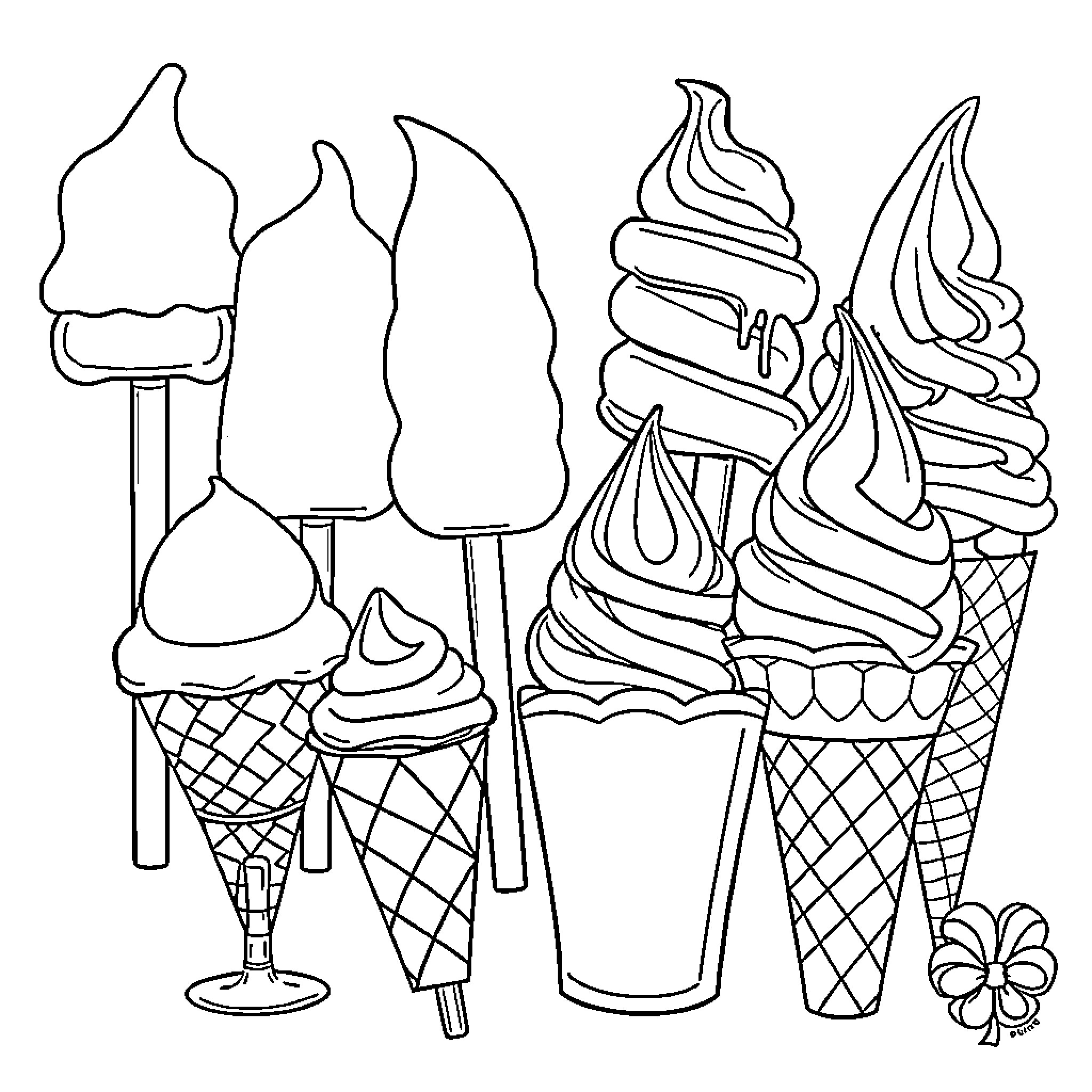 Ice Cream Cones and Swirls in Black and White Coloring Page (free black-and-white line drawing printable PDF for all, from beginners to advanced learners, including children, teens, adults, and seniors)