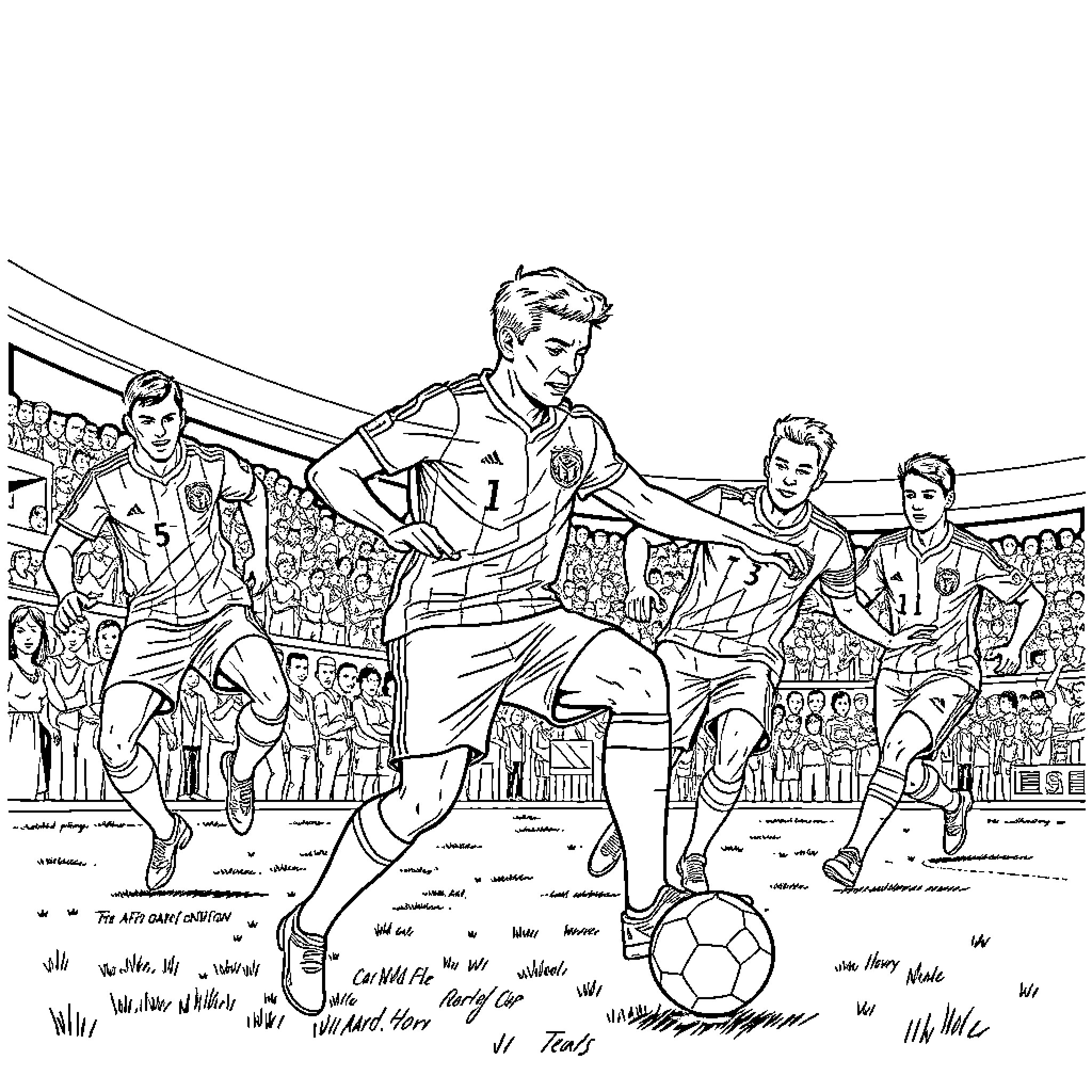 Paraguay Soccer Players in Action on Field Coloring Page (free black-and-white line drawing printable PDF for all, from beginners to advanced learners, including children, teens, adults, and seniors)