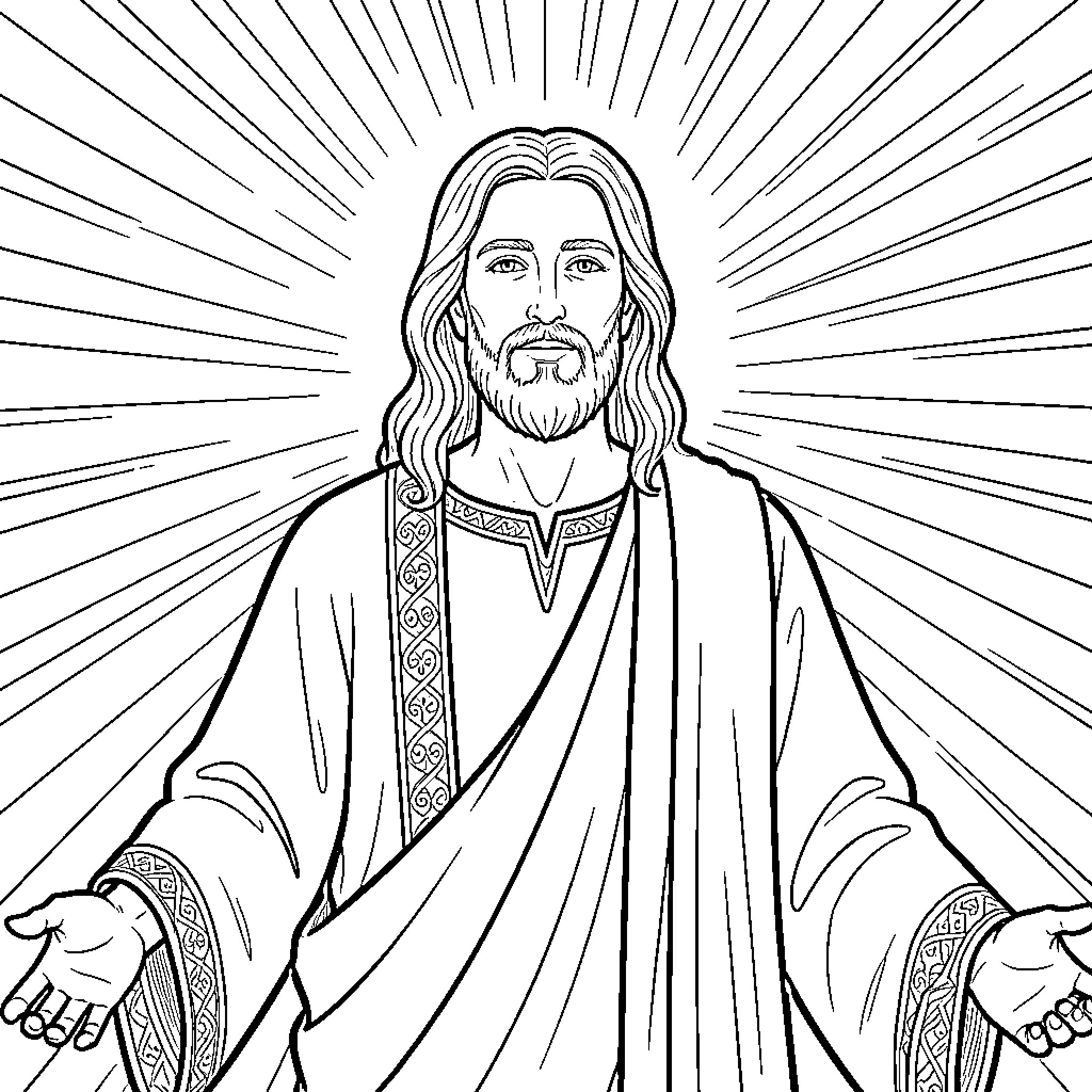 Yeshua's Radiant Presence Shines Forth Coloring Page (free black-and-white line drawing printable PDF for all, from beginners to advanced learners, including children, teens, adults, and seniors)
