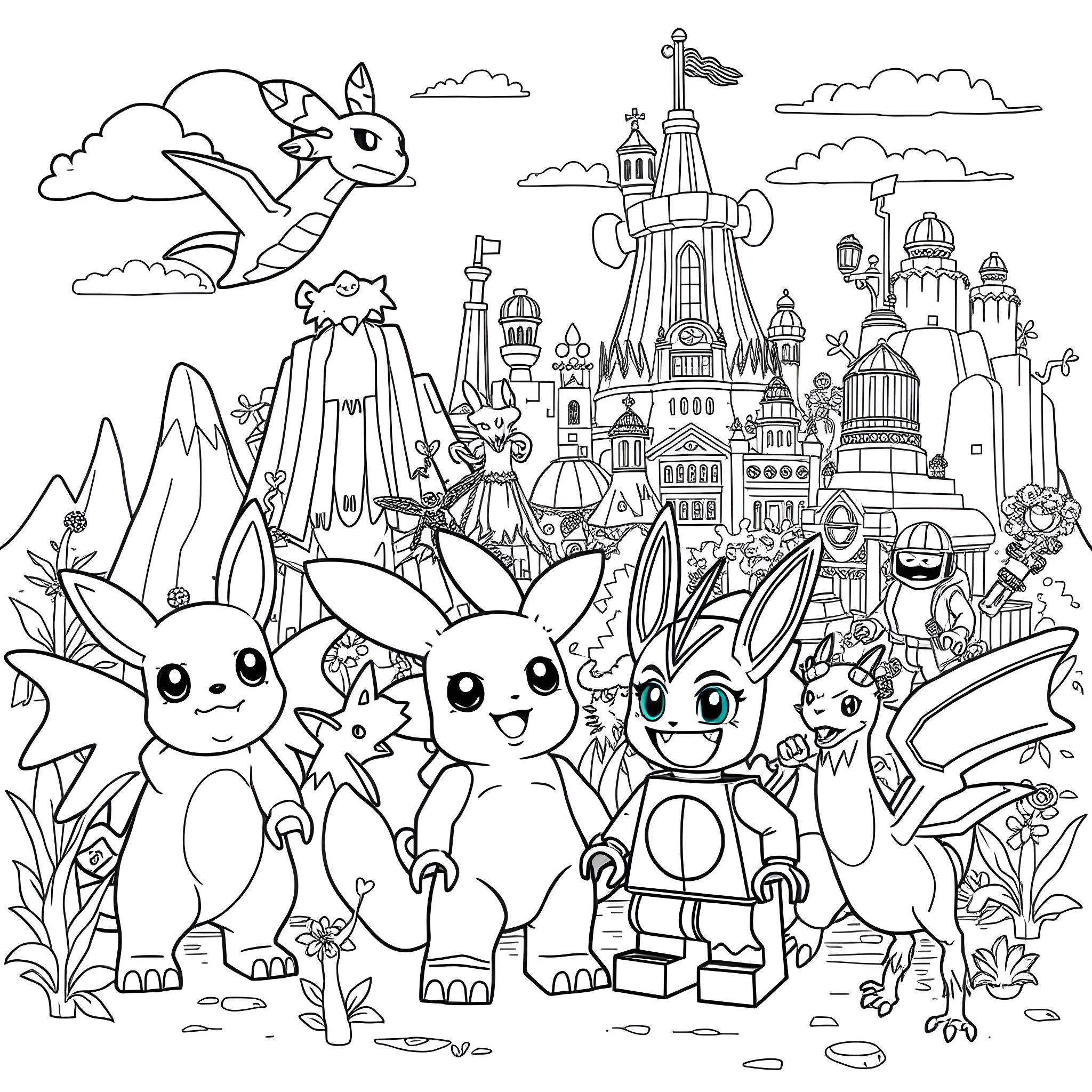 Pokémon characters in a whimsical fantasy world Coloring Page (free black-and-white line drawing printable PDF for all, from beginners to advanced learners, including children, teens, adults, and seniors)