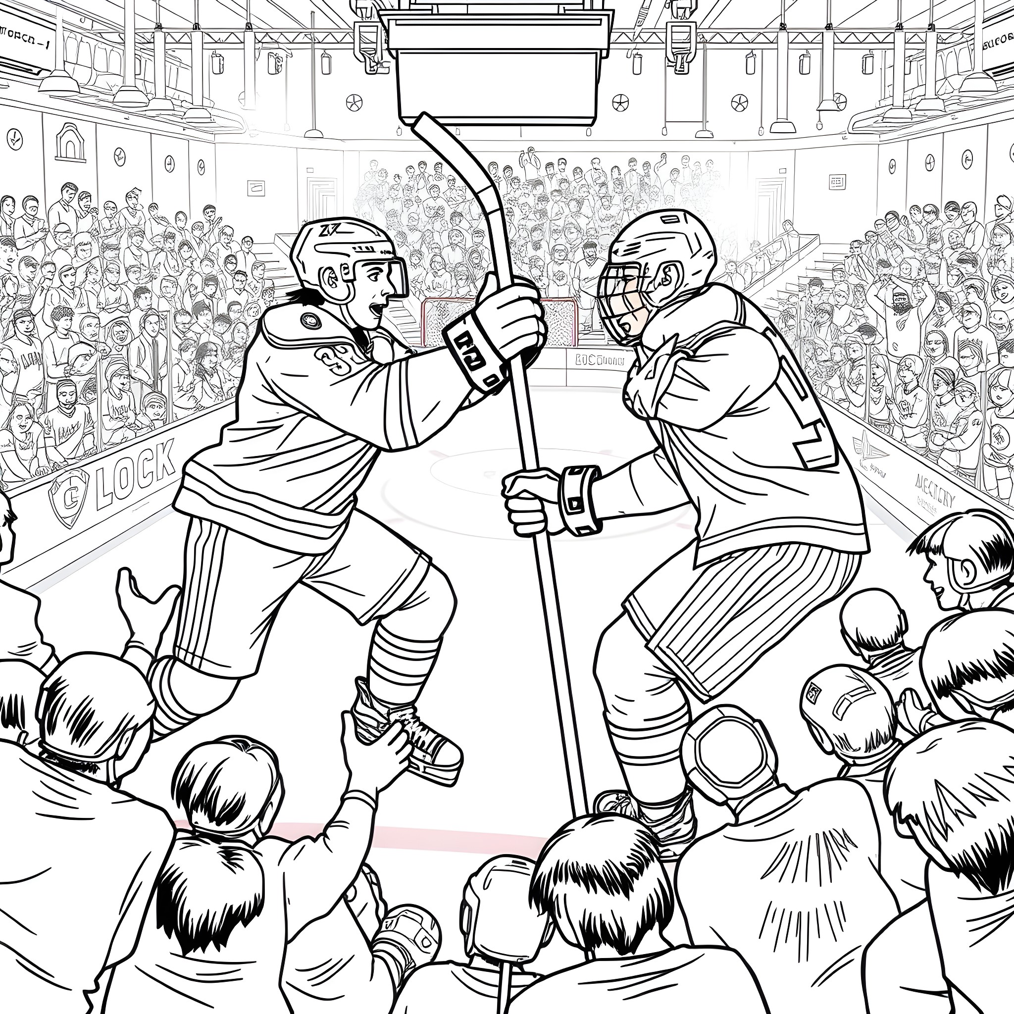 Hockey players face off in intense game before crowd Coloring Page (free black-and-white line drawing printable PDF for all, from beginners to advanced learners, including children, teens, adults, and seniors)