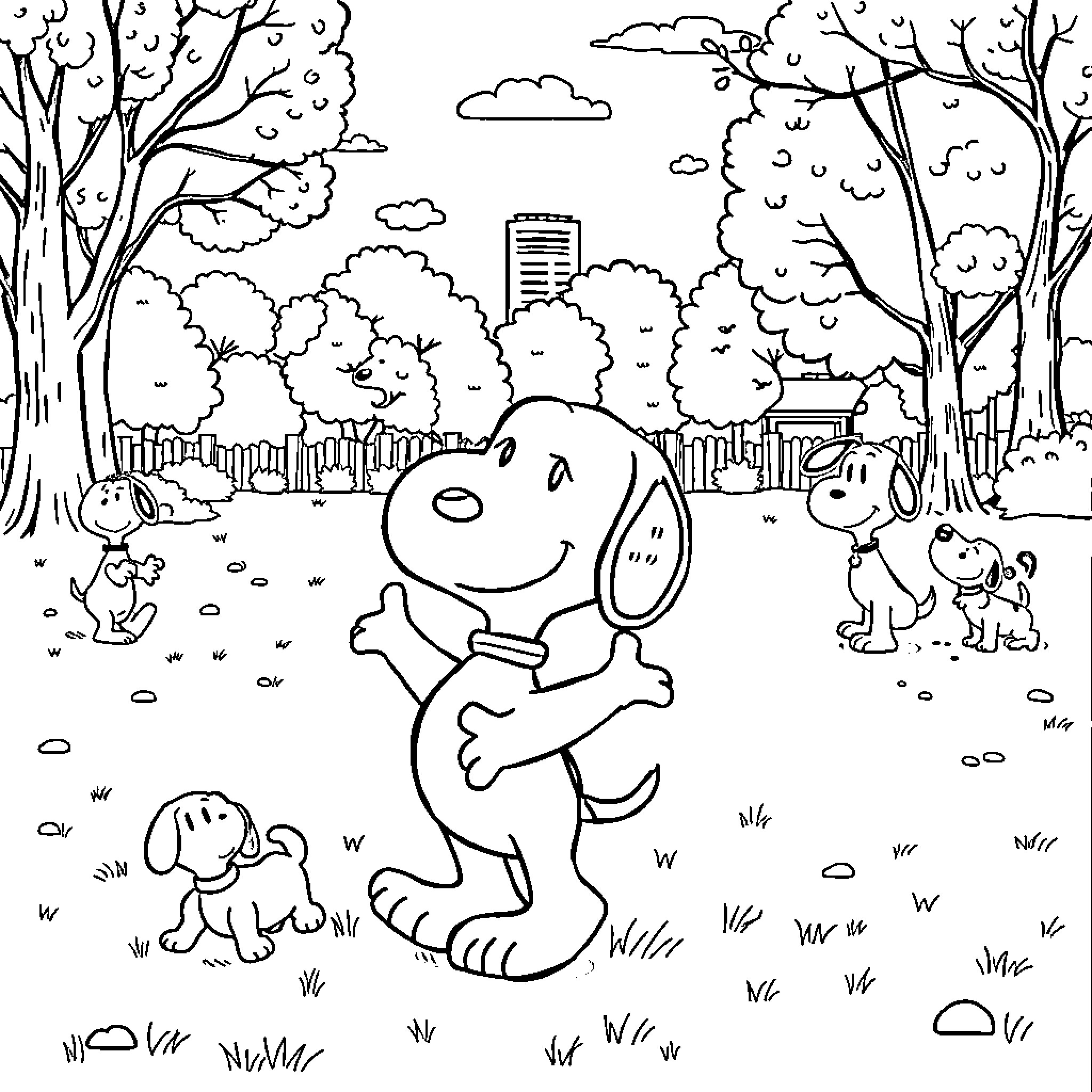 Snoopy and friends enjoying the outdoors Coloring Page (free black-and-white line drawing printable PDF for all, from beginners to advanced learners, including children, teens, adults, and seniors)