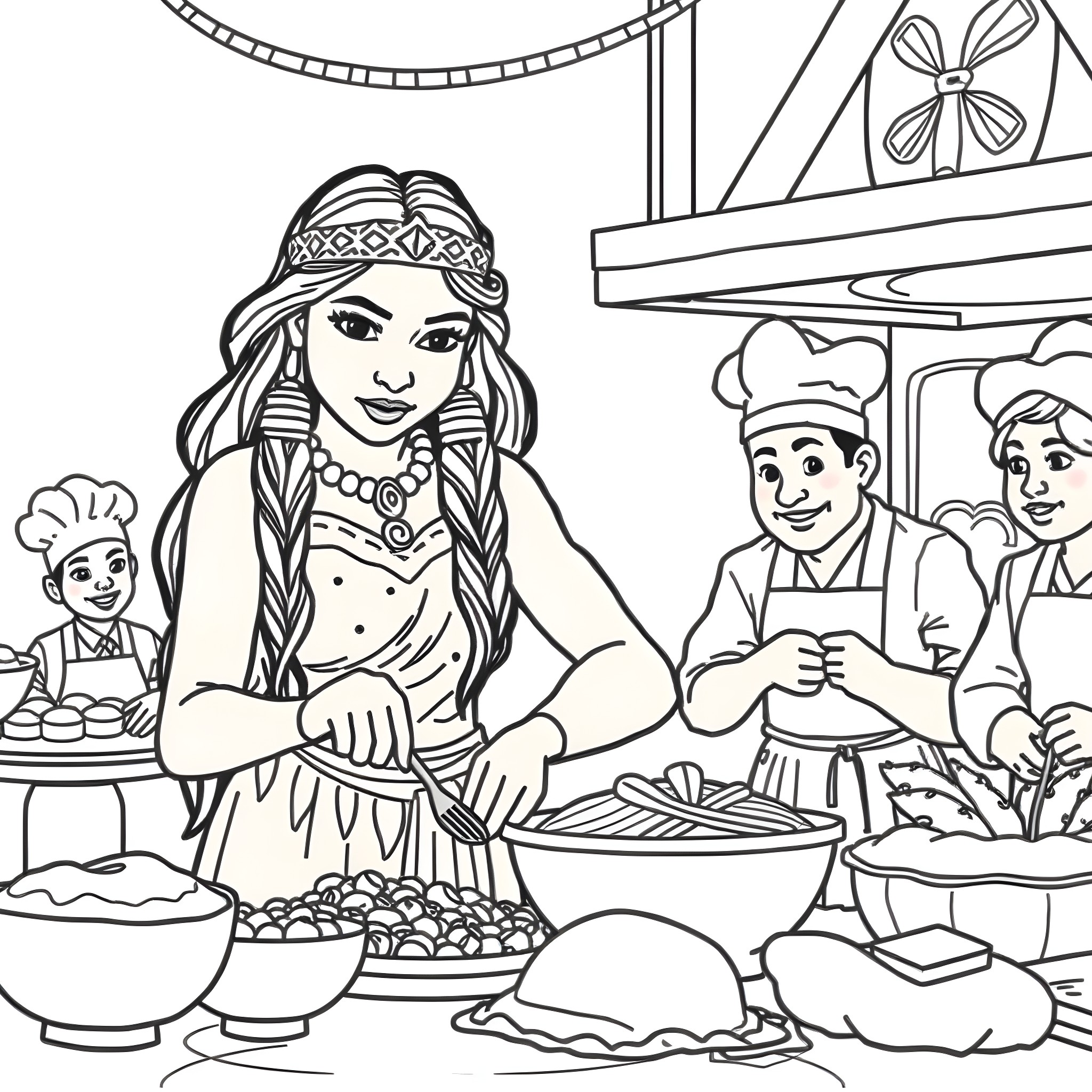 Pocahontas preparing a feast with her friends in the village Coloring Page (free black-and-white line drawing printable PDF for all, from beginners to advanced learners, including children, teens, adults, and seniors)