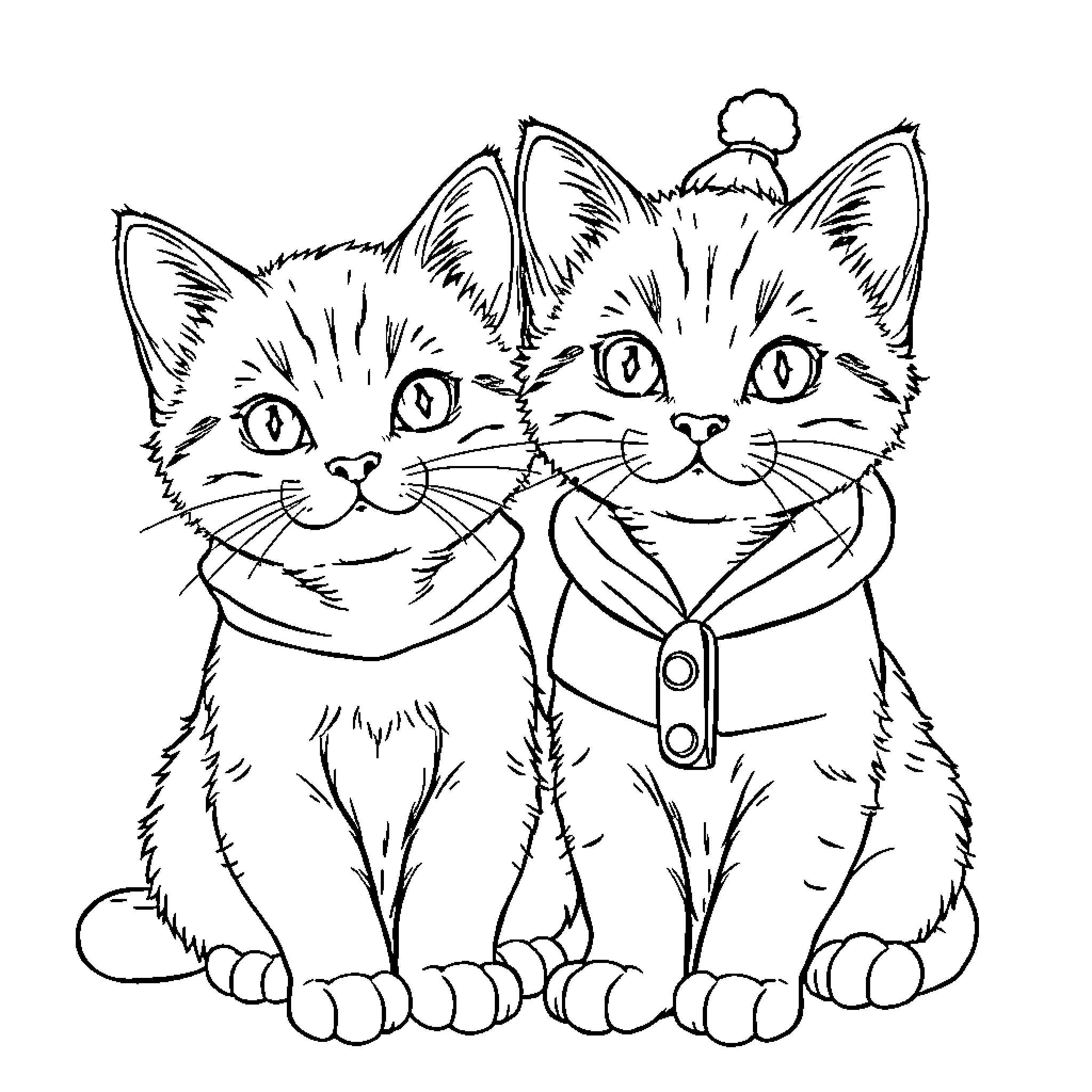 Kitten friends in matching outfits Coloring Page (free black-and-white line drawing printable PDF for all, from beginners to advanced learners, including children, teens, adults, and seniors)