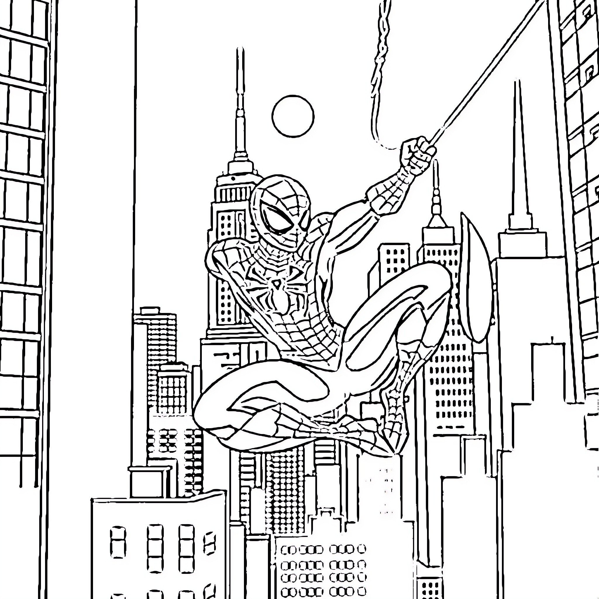 Spiderman swinging through the city skyline Coloring Page (free black-and-white line drawing printable PDF for all, from beginners to advanced learners, including children, teens, adults, and seniors)