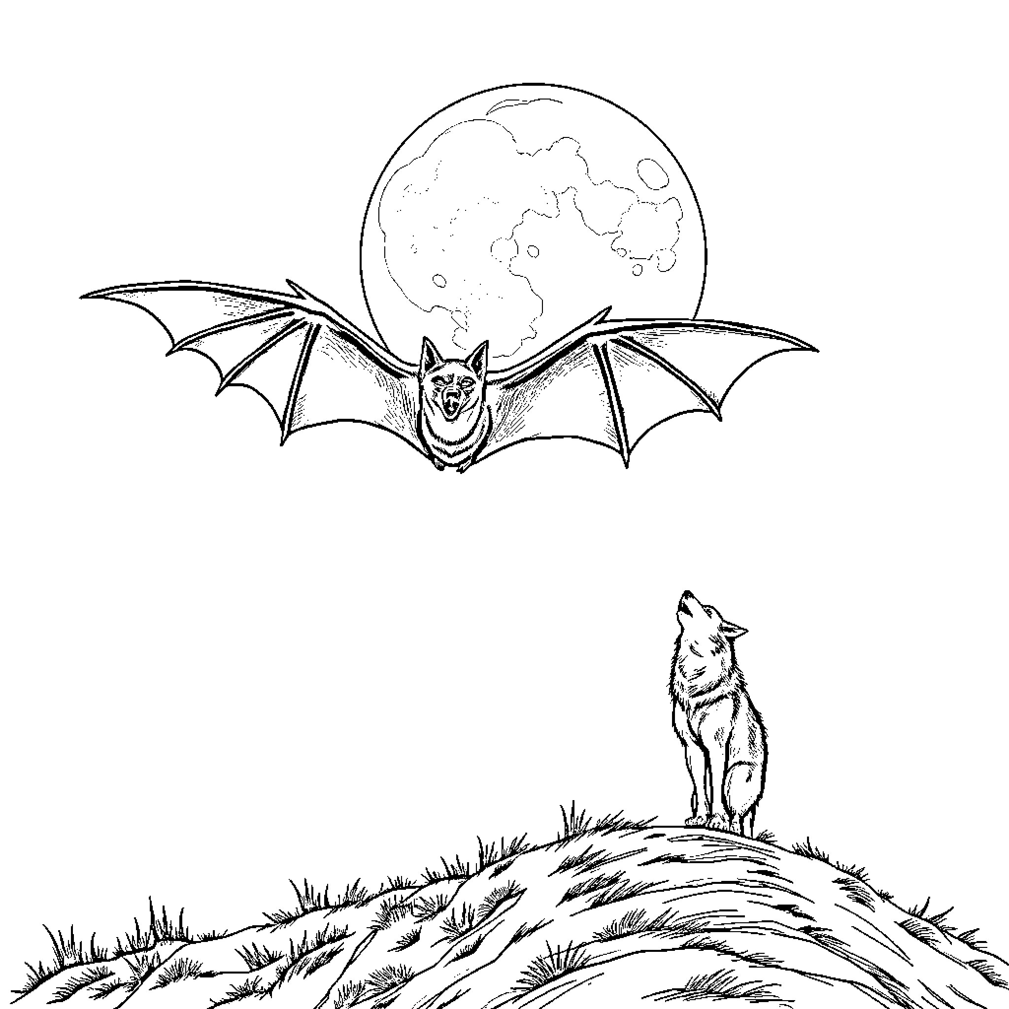 Bat soaring under the moonlit night Coloring Page (free black-and-white line drawing printable PDF for all, from beginners to advanced learners, including children, teens, adults, and seniors)
