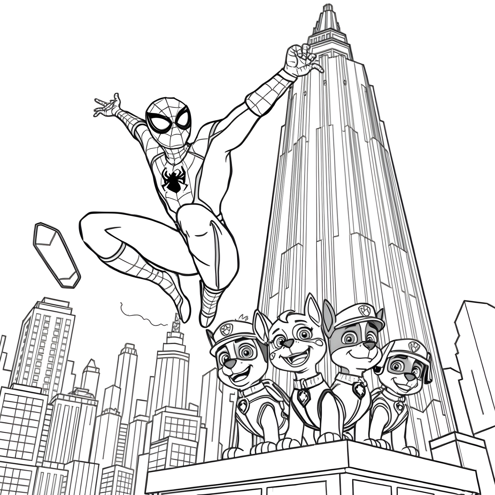 Spider-Man swinging through the city with Paw Patrol pups Coloring Page (free black-and-white line drawing printable PDF for all, from beginners to advanced learners, including children, teens, adults, and seniors)