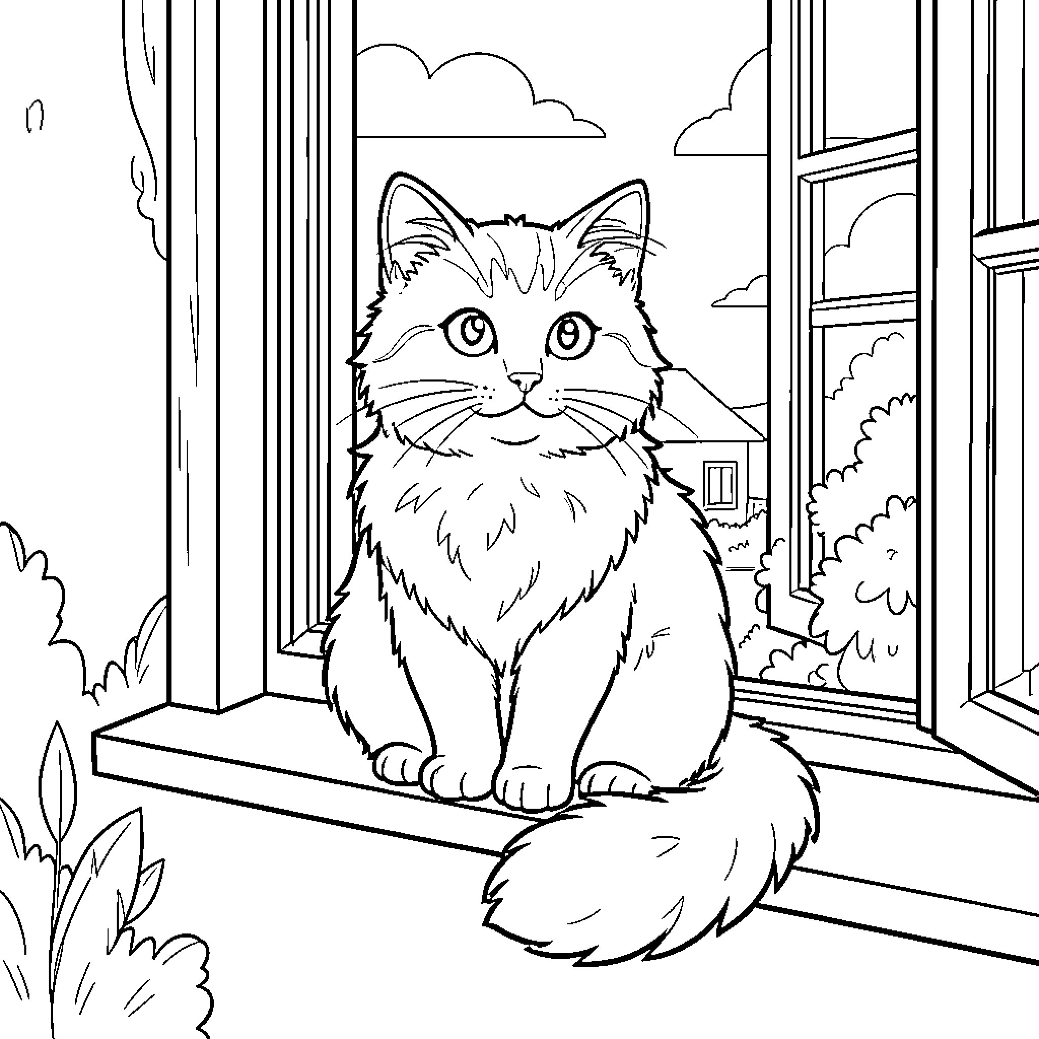 Cat looking through window Coloring Page (free black-and-white line drawing printable PDF for all, from beginners to advanced learners, including children, teens, adults, and seniors)