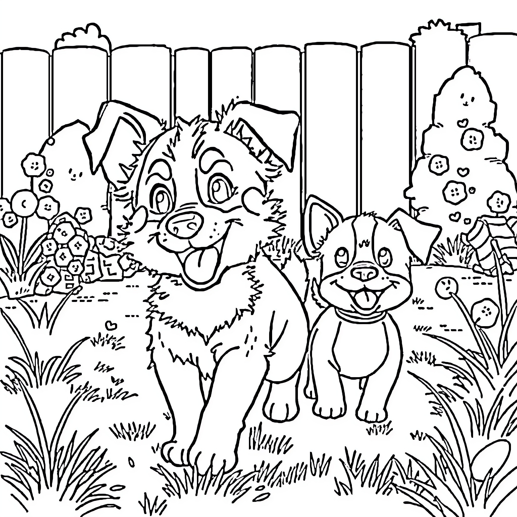 Bluey and Bingo playing in the backyard Coloring Page (free black-and-white line drawing printable PDF for all, from beginners to advanced learners, including children, teens, adults, and seniors)
