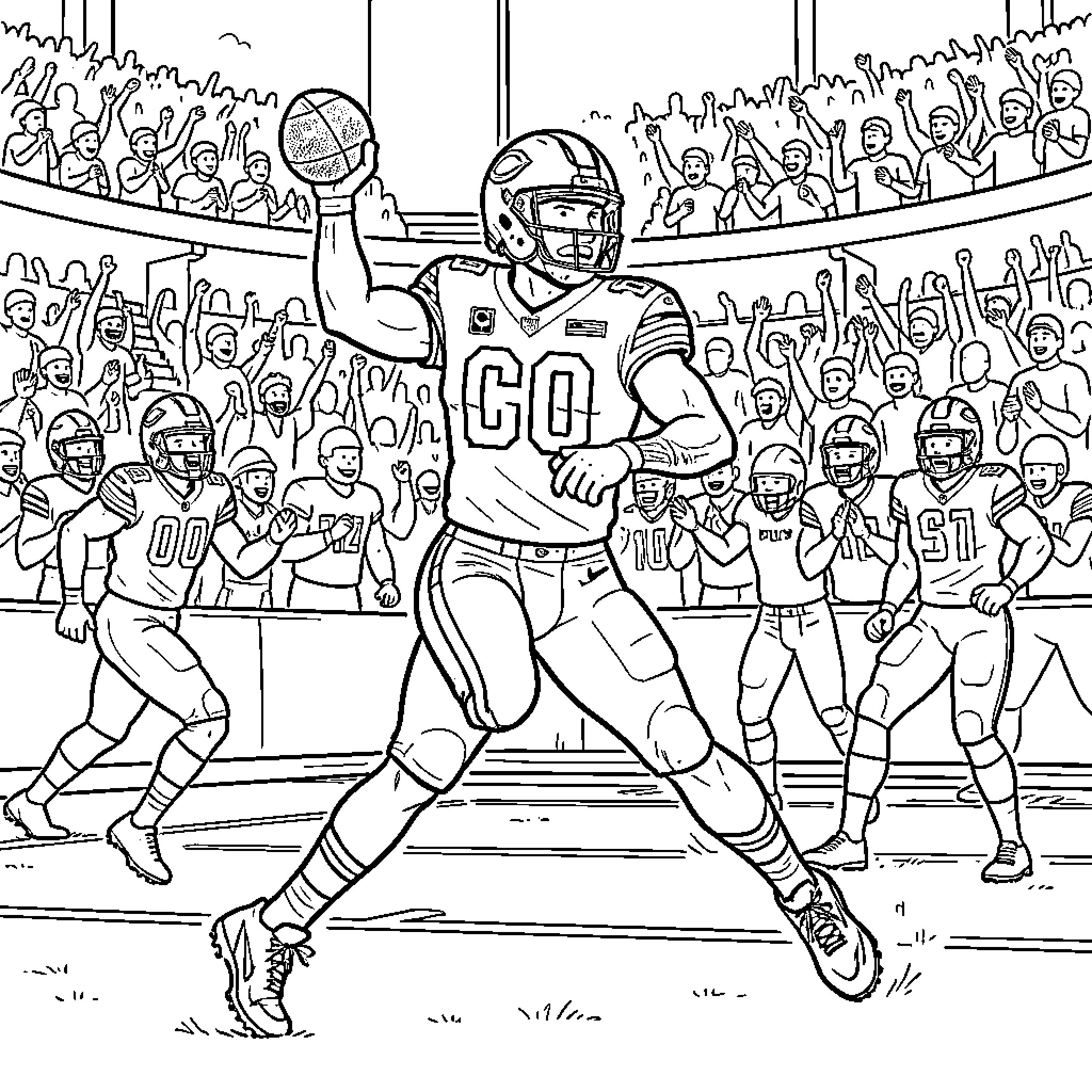 DJ Moore throwing a football during a game Coloring Page (free black-and-white line drawing printable PDF for all, from beginners to advanced learners, including children, teens, adults, and seniors)
