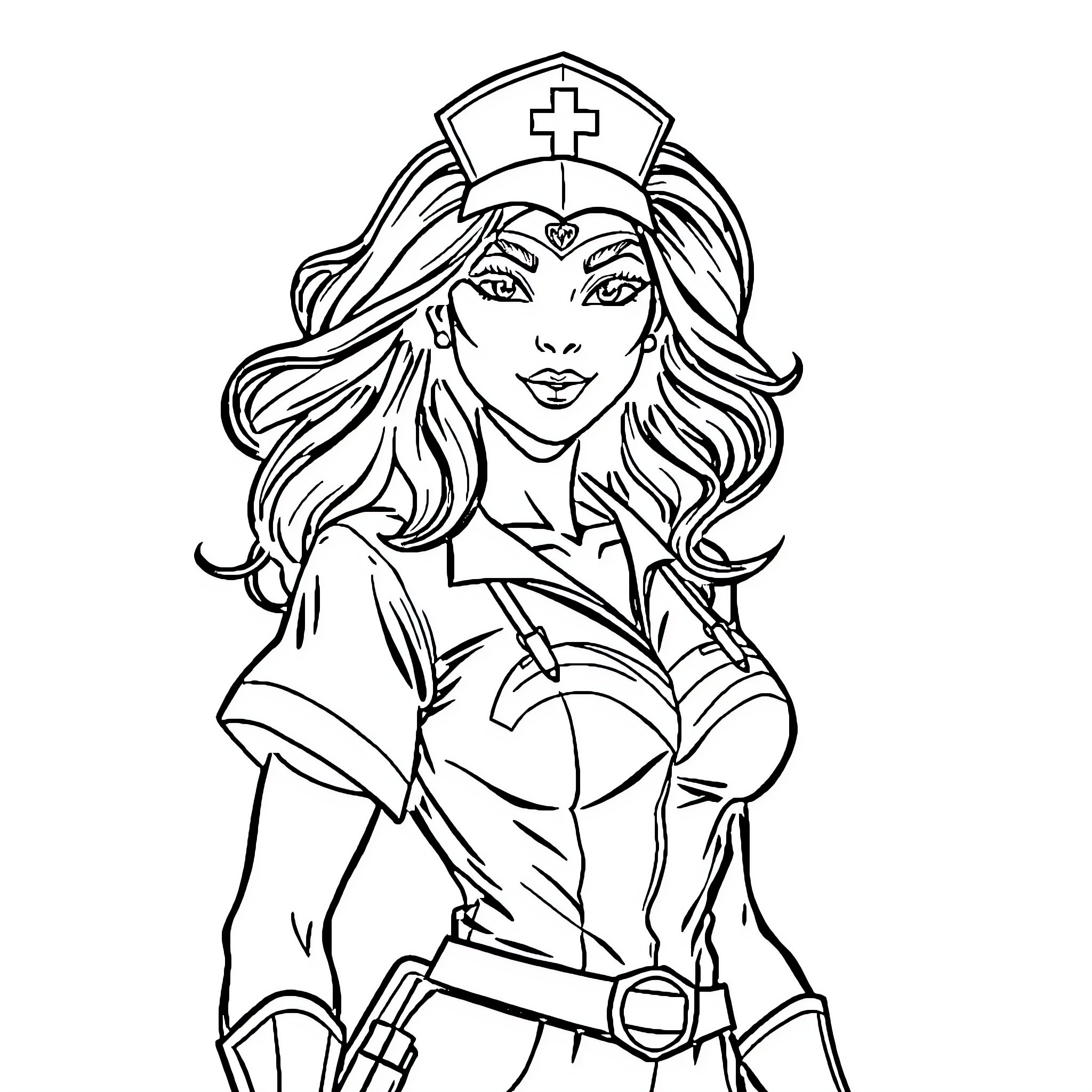Wonder Woman Nurse in Action Pose Coloring Page (free black-and-white line drawing printable PDF for all, from beginners to advanced learners, including children, teens, adults, and seniors)