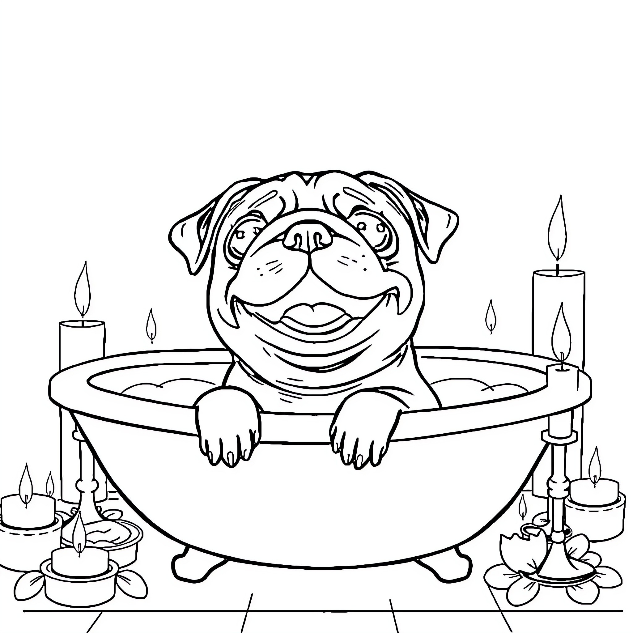 Pug relaxing in a cozy bathtub Coloring Page (free black-and-white line drawing printable PDF for all, from beginners to advanced learners, including children, teens, adults, and seniors)