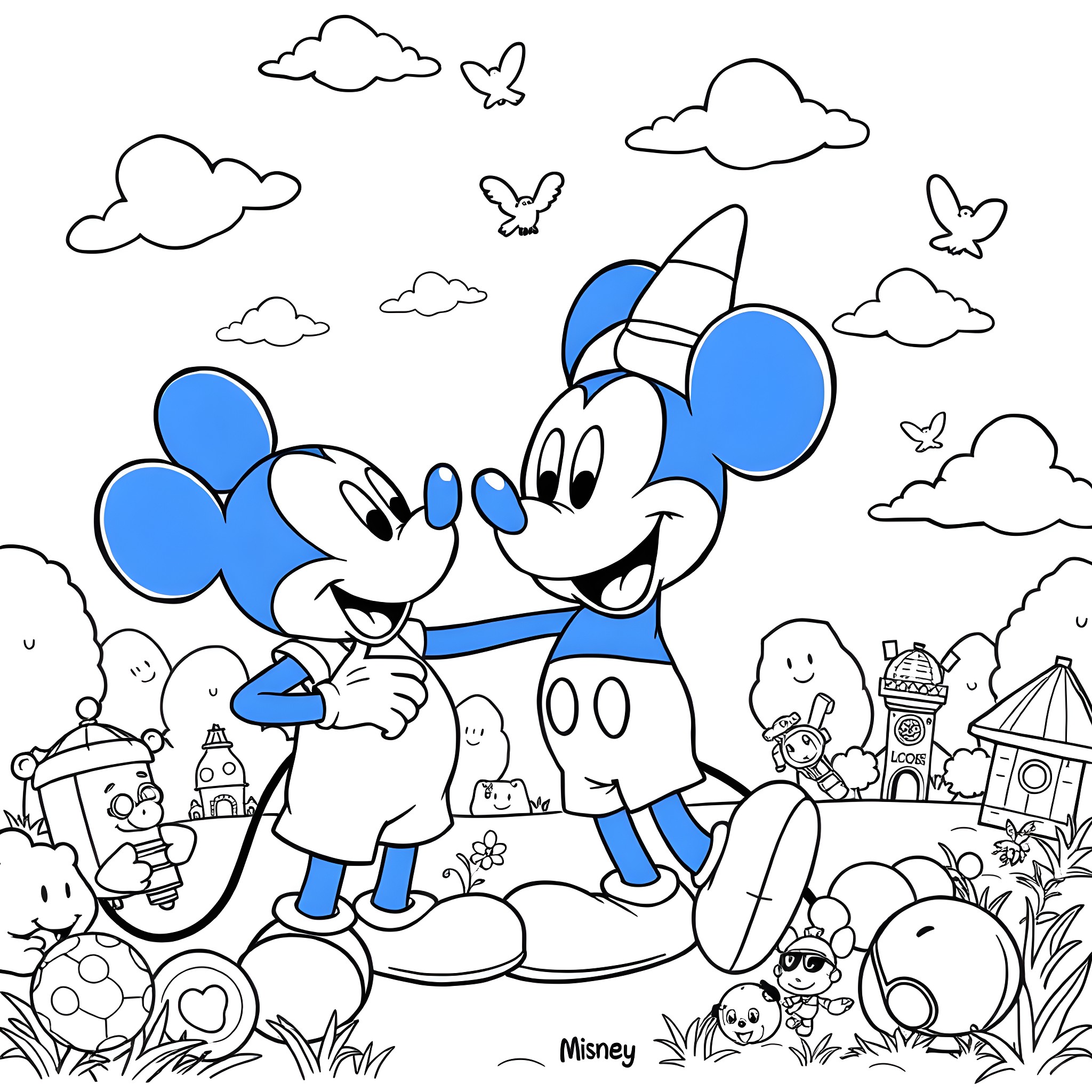 Bluey and Mickey Mouse exploring the magical world Coloring Page (free black-and-white line drawing printable PDF for all, from beginners to advanced learners, including children, teens, adults, and seniors)
