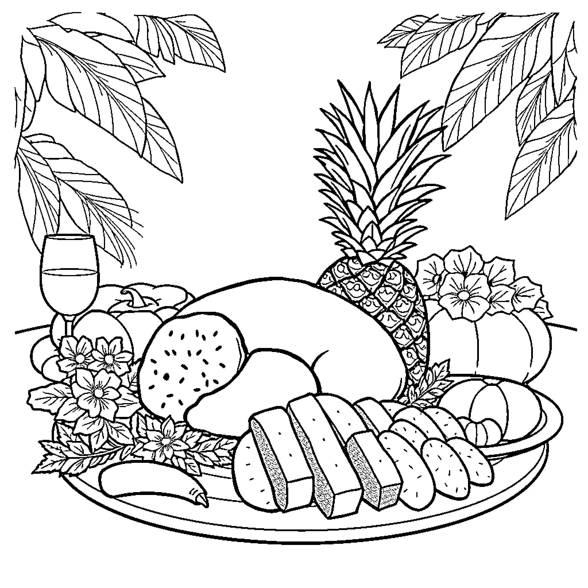 Thanksgiving Feast of Tropical Fruits and Baked Goods Coloring Page (free black-and-white line drawing printable PDF for all, from beginners to advanced learners, including children, teens, adults, and seniors)