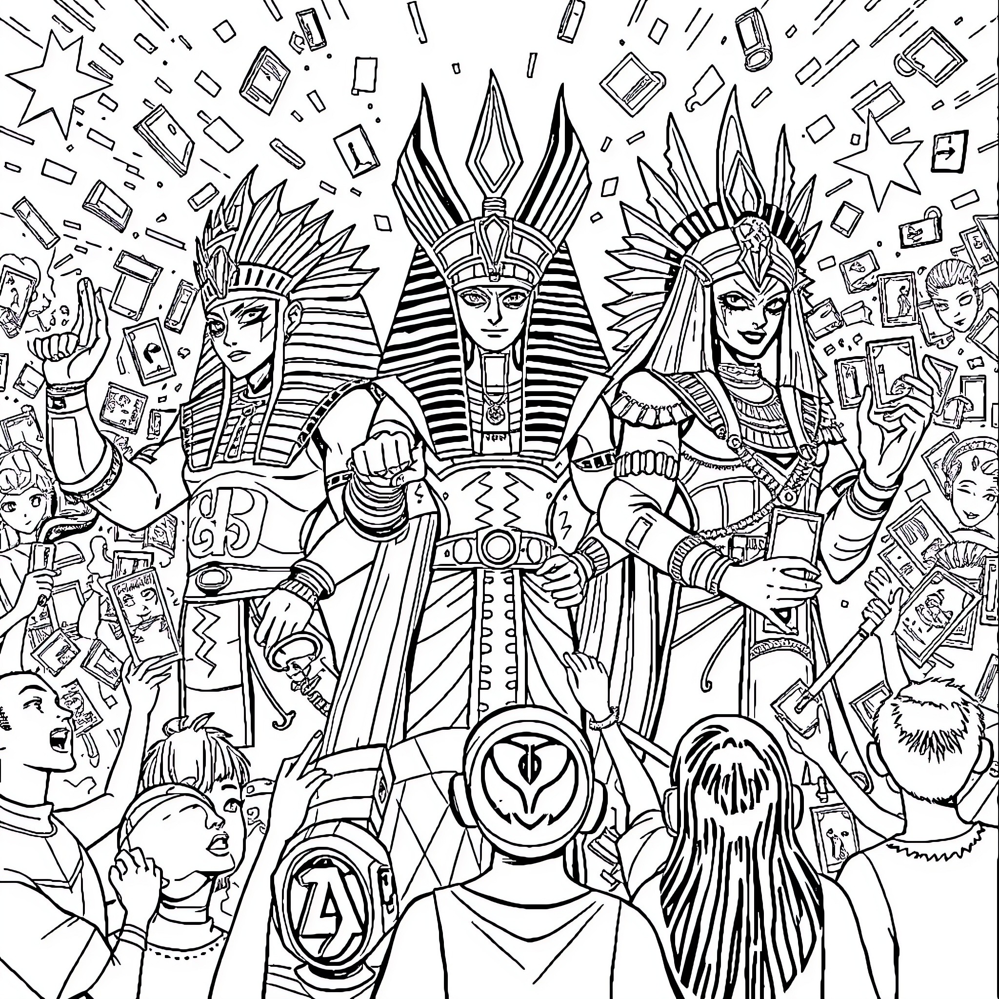 Yugioh characters in ancient Egyptian-inspired costumes and regalia Coloring Page (free black-and-white line drawing printable PDF for all, from beginners to advanced learners, including children, teens, adults, and seniors)