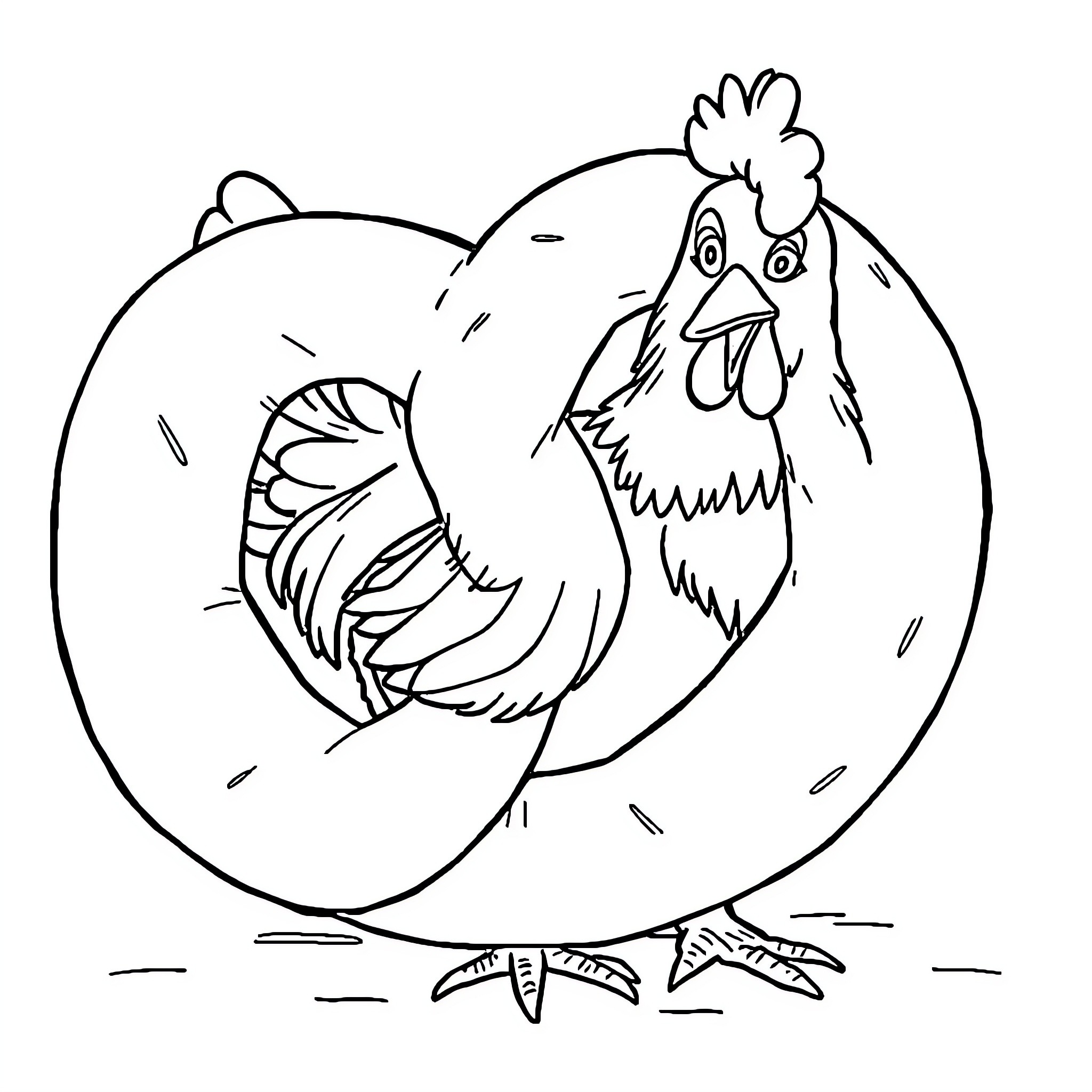 Chicken in a silly cartoon pose Coloring Page (free black-and-white line drawing printable PDF for all, from beginners to advanced learners, including children, teens, adults, and seniors)