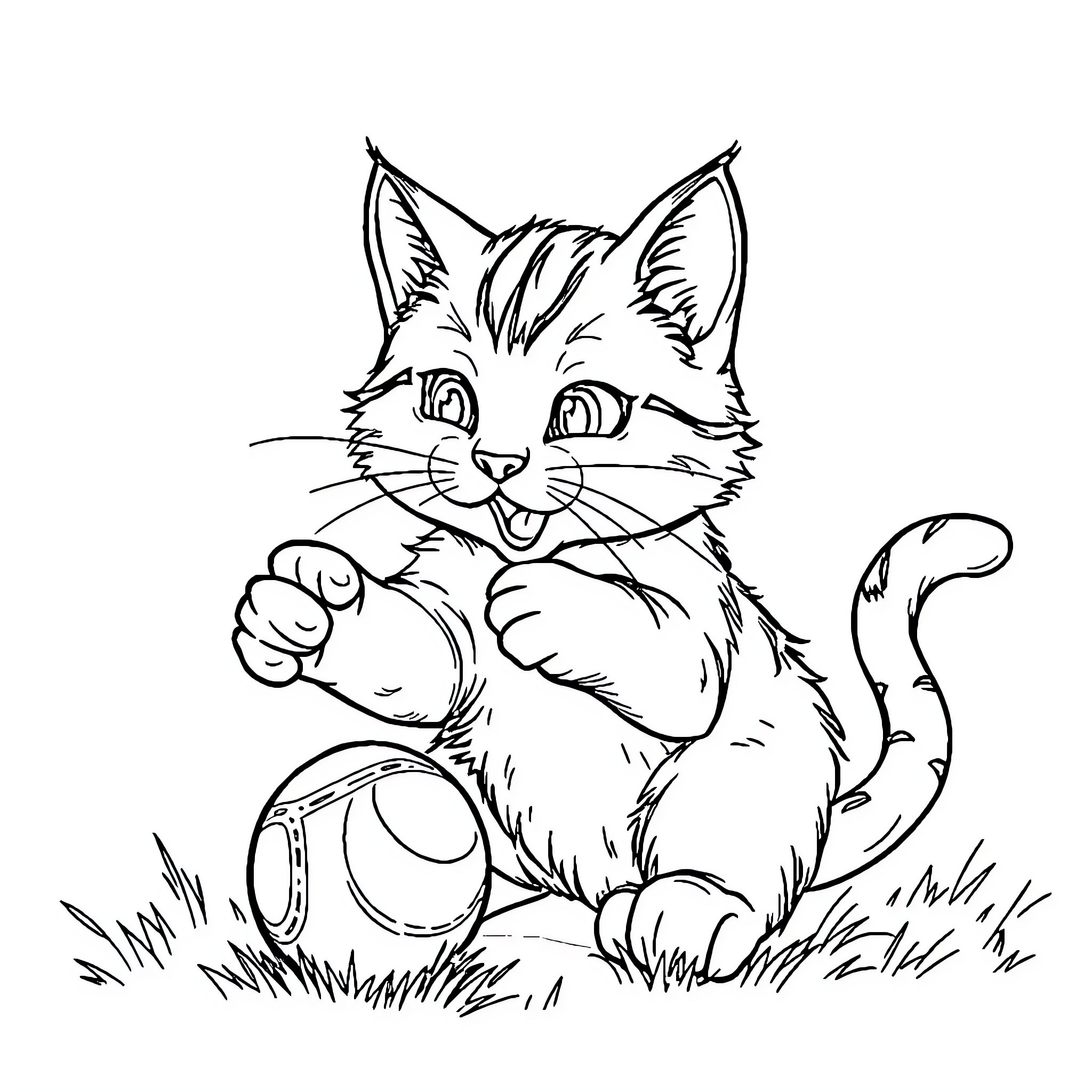 Cat playing with a ball in the grass Coloring Page (free black-and-white line drawing printable PDF for all, from beginners to advanced learners, including children, teens, adults, and seniors)