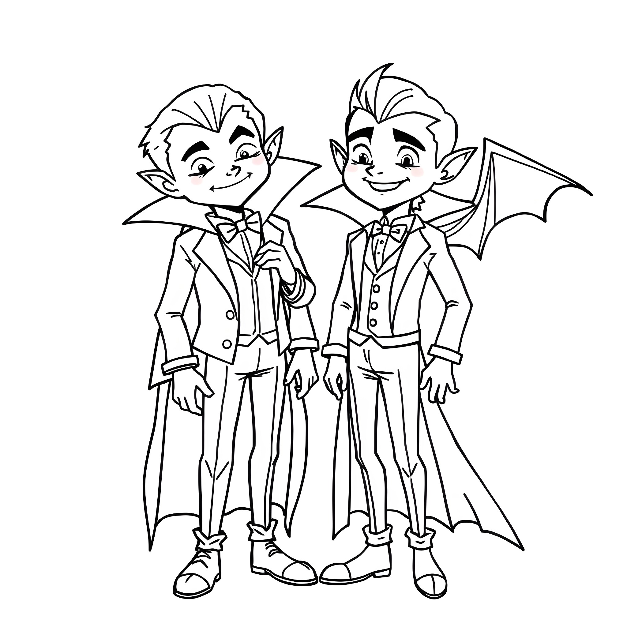 Vampire friends dressed in formal attire Coloring Page (free black-and-white line drawing printable PDF for all, from beginners to advanced learners, including children, teens, adults, and seniors)