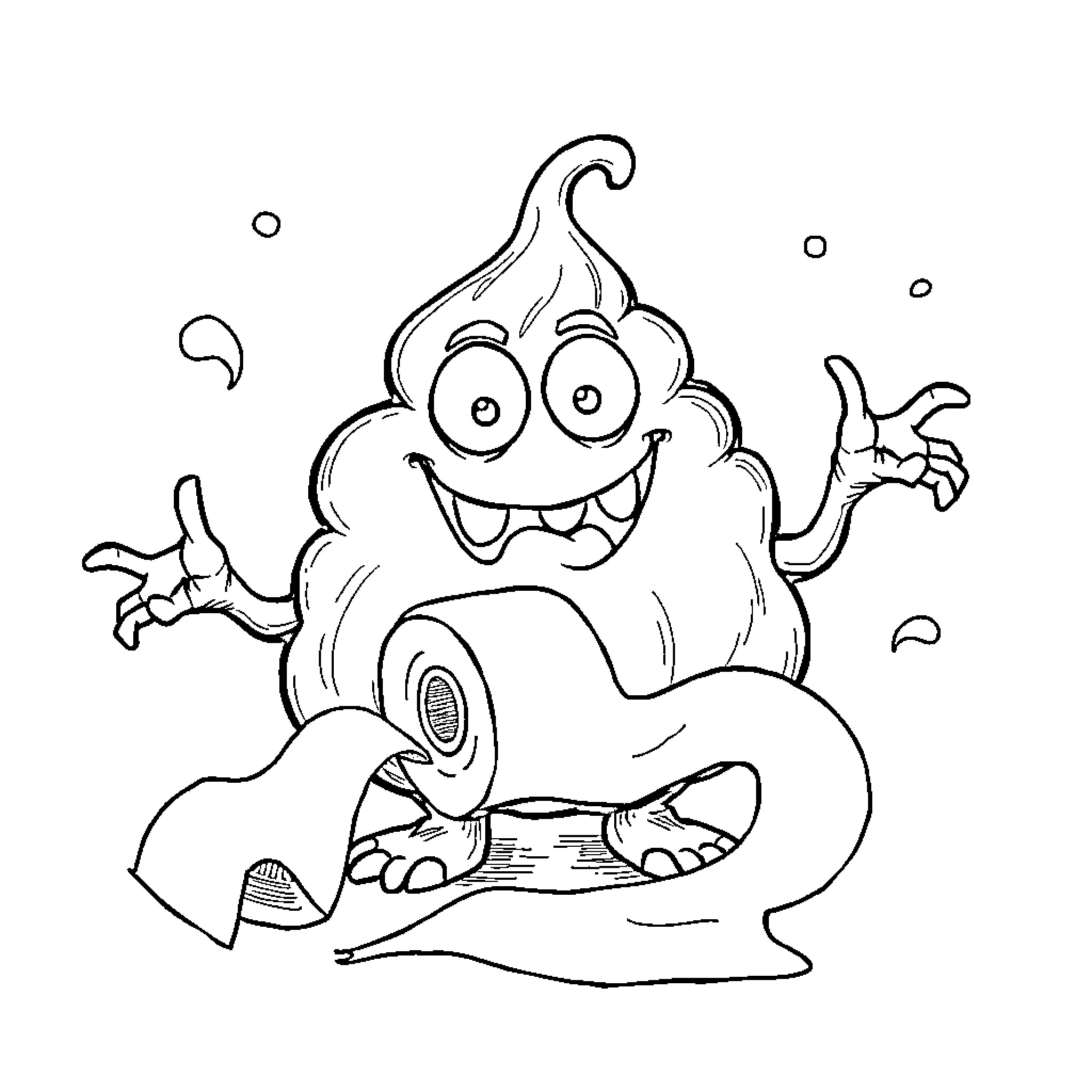 Poop Monster having a good time Coloring Page (free black-and-white line drawing printable PDF for all, from beginners to advanced learners, including children, teens, adults, and seniors)