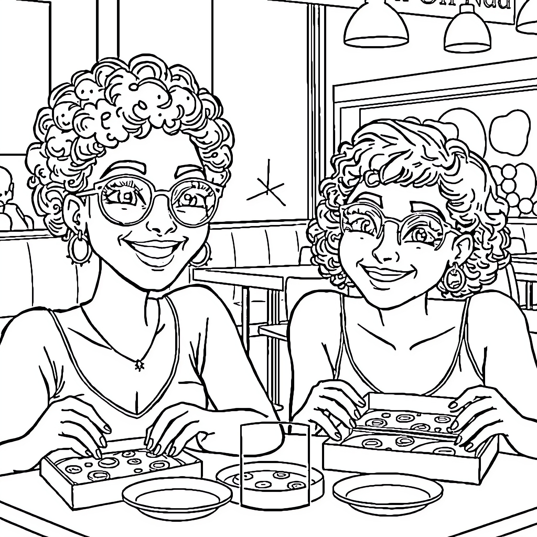 Women enjoying a meal together in a cozy restaurant Coloring Page (free black-and-white line drawing printable PDF for all, from beginners to advanced learners, including children, teens, adults, and seniors)