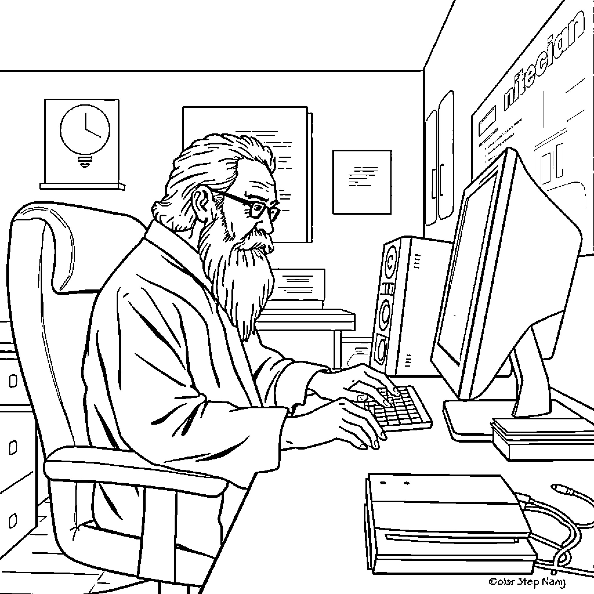 Satoshi Nakamoto focused on computer work in his office Coloring Page (free black-and-white line drawing printable PDF for all, from beginners to advanced learners, including children, teens, adults, and seniors)