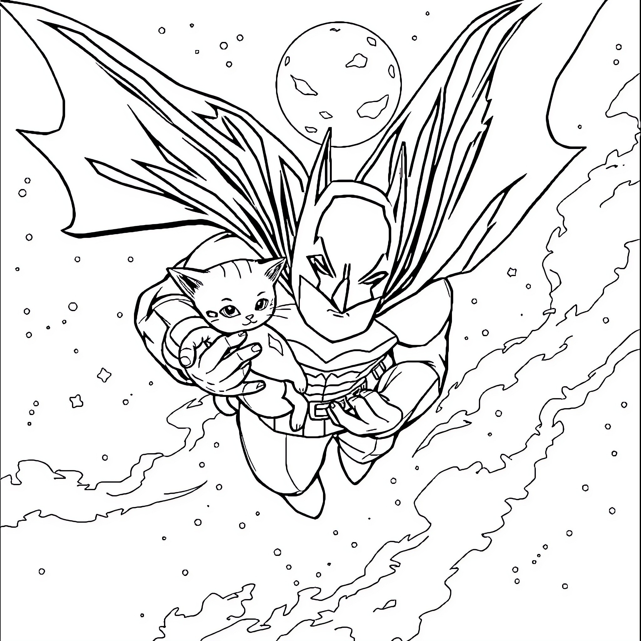 Batman Saves Kitten in Dramatic Night Scene Coloring Page (free black-and-white line drawing printable PDF for all, from beginners to advanced learners, including children, teens, adults, and seniors)