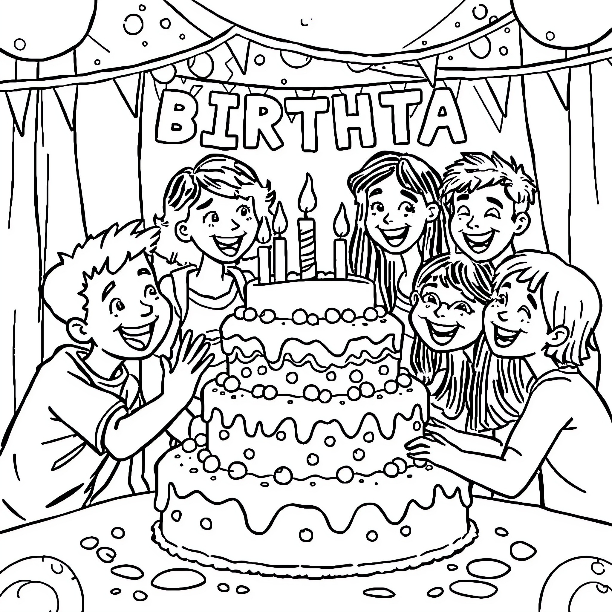 Birthday celebration with a cake and happy friends Coloring Page (free black-and-white line drawing printable PDF for all, from beginners to advanced learners, including children, teens, adults, and seniors)
