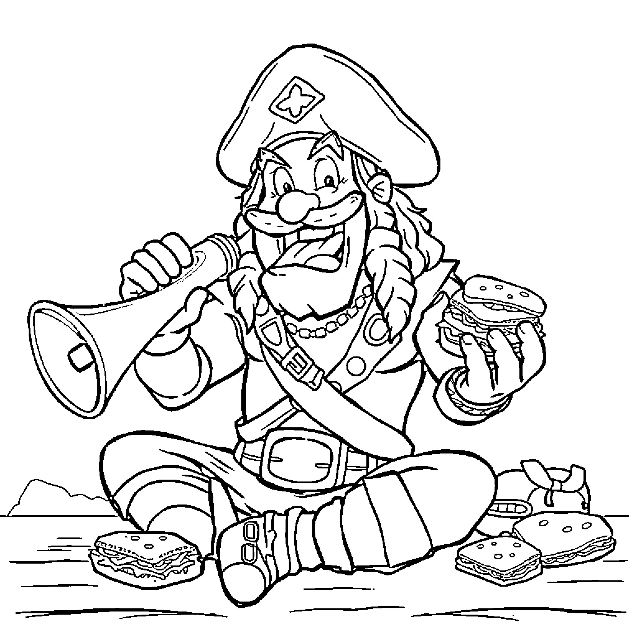 Dave the Barbarian enjoying a snack break in the wild Coloring Page (free black-and-white line drawing printable PDF for all, from beginners to advanced learners, including children, teens, adults, and seniors)
