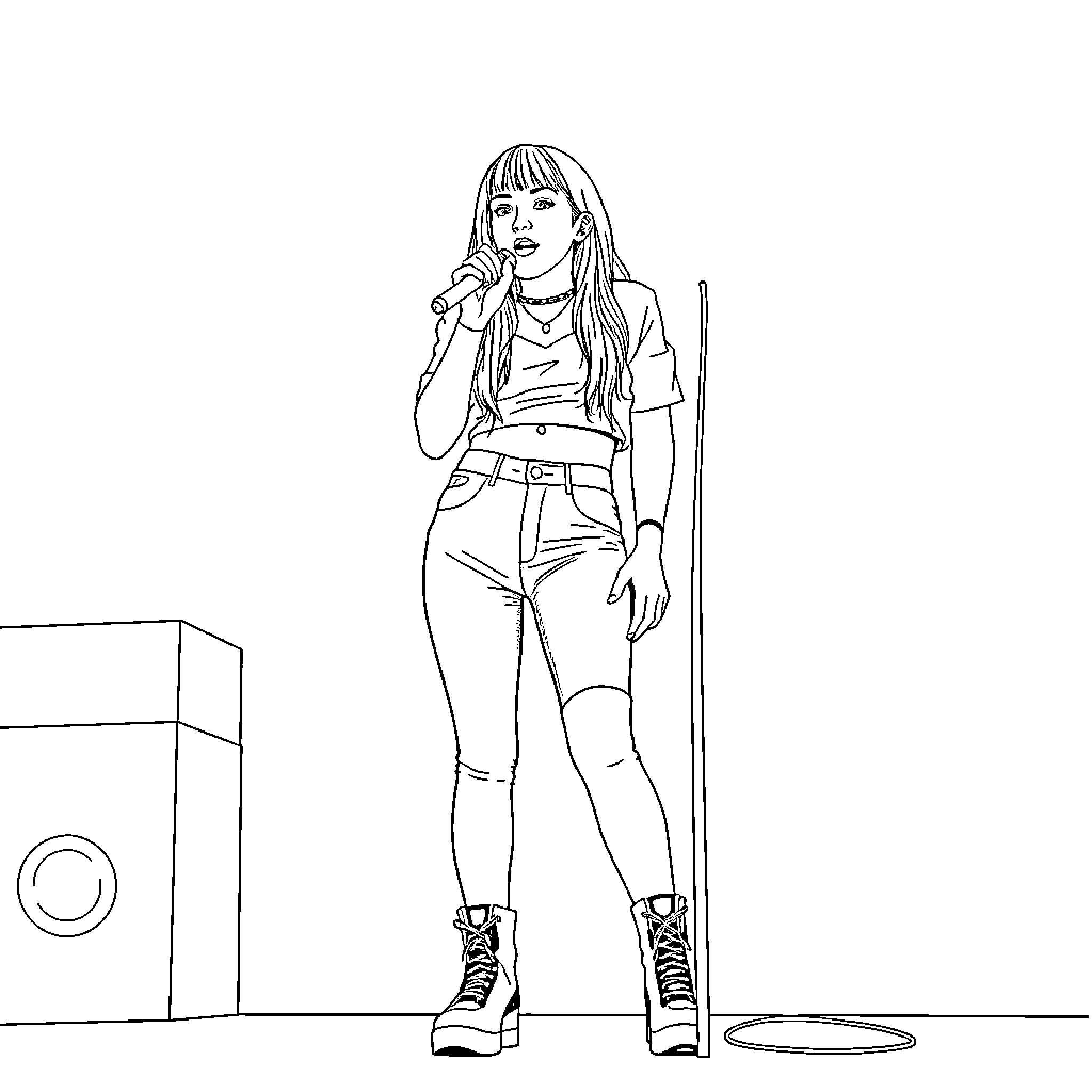 Billie Eilish performing on stage Coloring Page (free black-and-white line drawing printable PDF for all, from beginners to advanced learners, including children, teens, adults, and seniors)