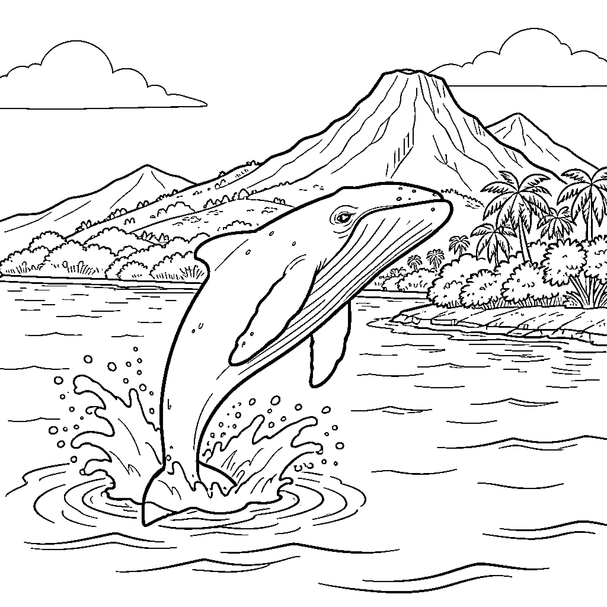 Baleine leaping gracefully in tropical seascape Coloring Page (free black-and-white line drawing printable PDF for all, from beginners to advanced learners, including children, teens, adults, and seniors)