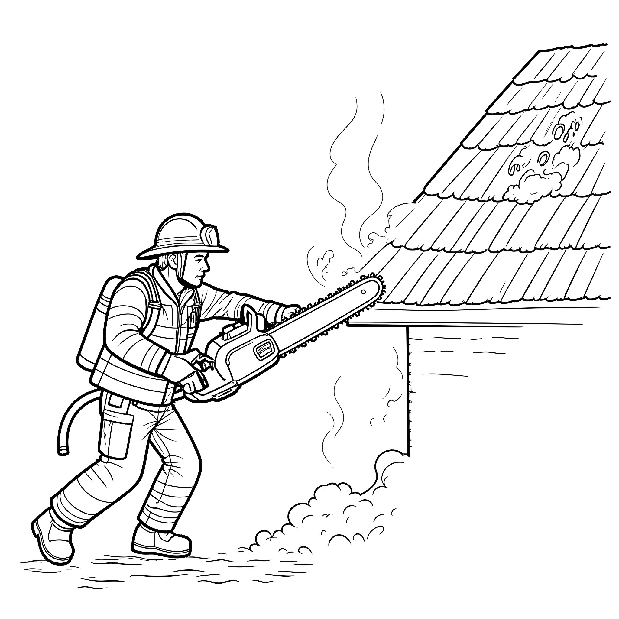 Firefighter extinguishing a blaze on a rooftop Coloring Page (free black-and-white line drawing printable PDF for all, from beginners to advanced learners, including children, teens, adults, and seniors)