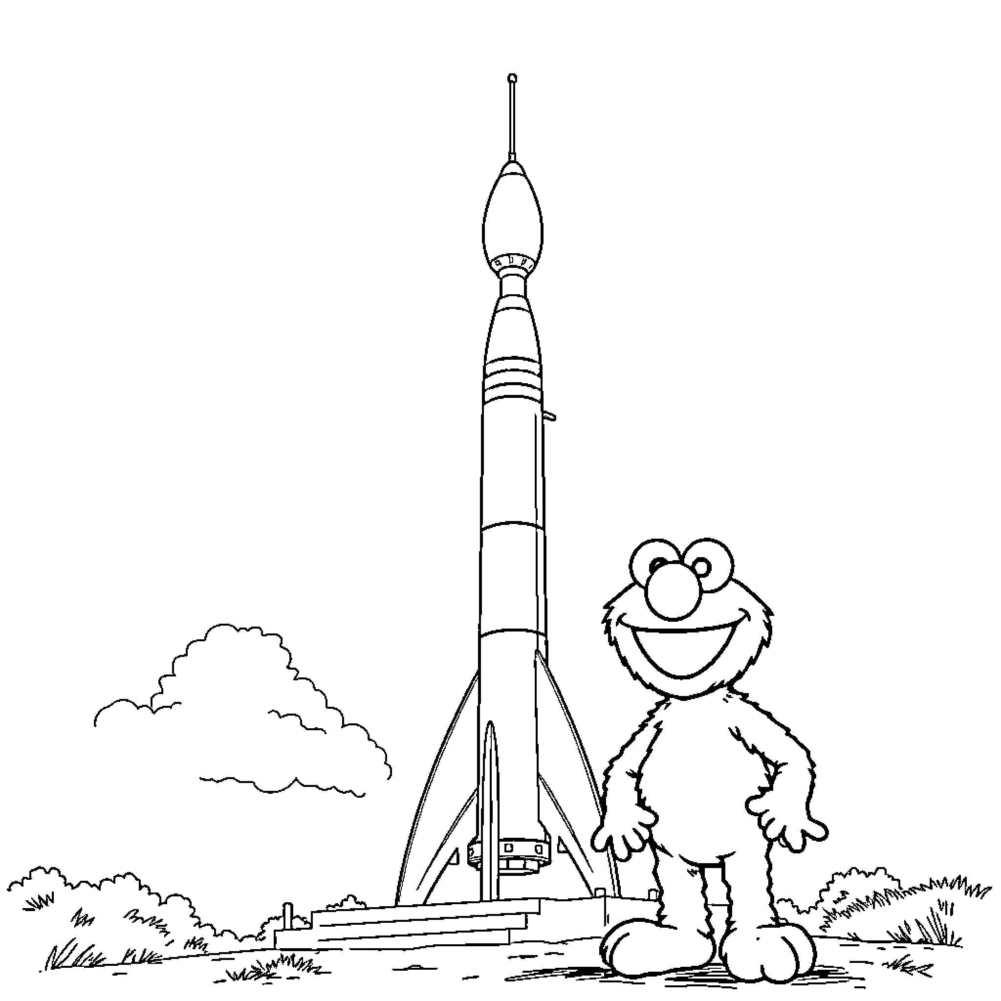 Elmo stands beside a towering rocket launch Coloring Page (free black-and-white line drawing printable PDF for all, from beginners to advanced learners, including children, teens, adults, and seniors)