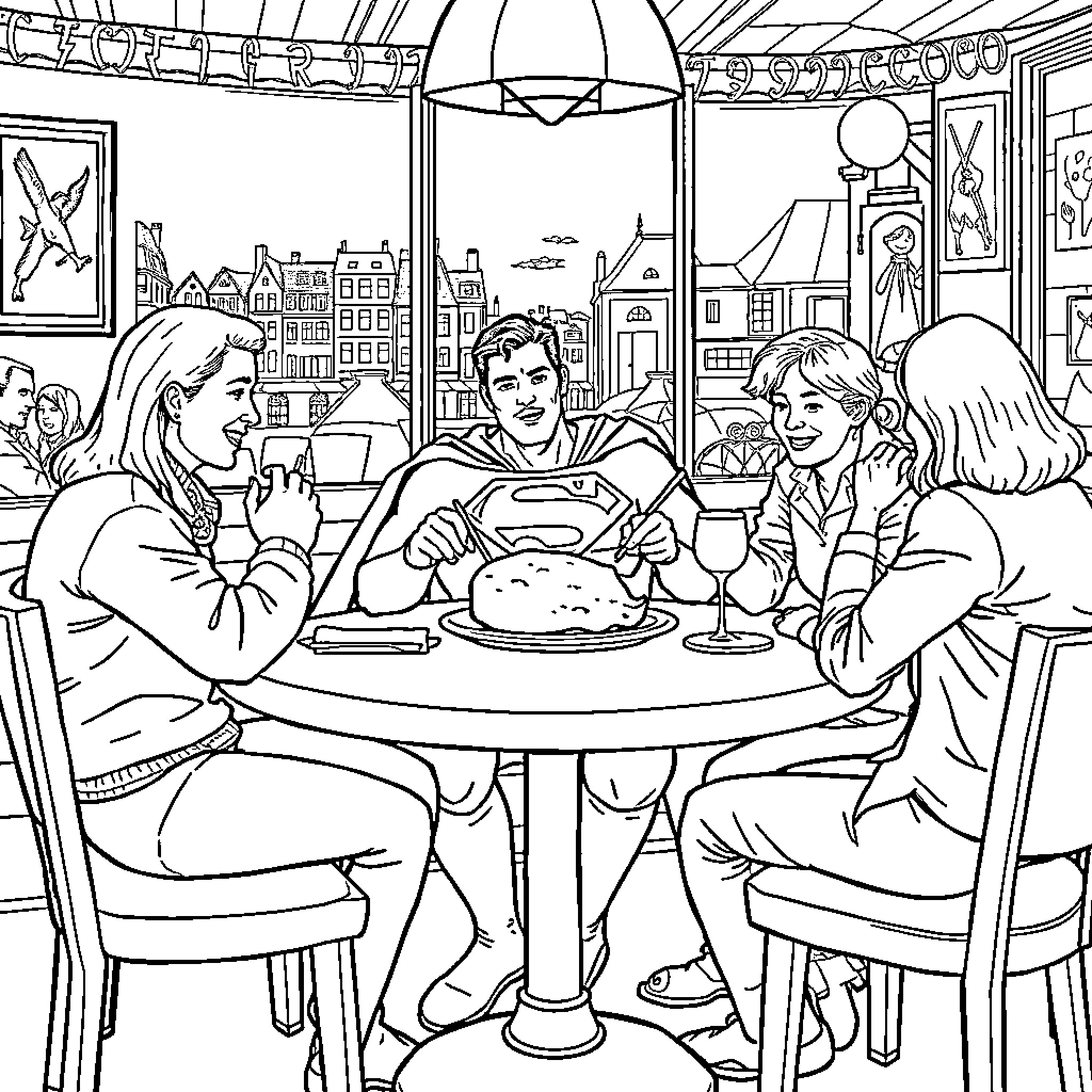 Superman and friends enjoying a meal together Coloring Page (free black-and-white line drawing printable PDF for all, from beginners to advanced learners, including children, teens, adults, and seniors)