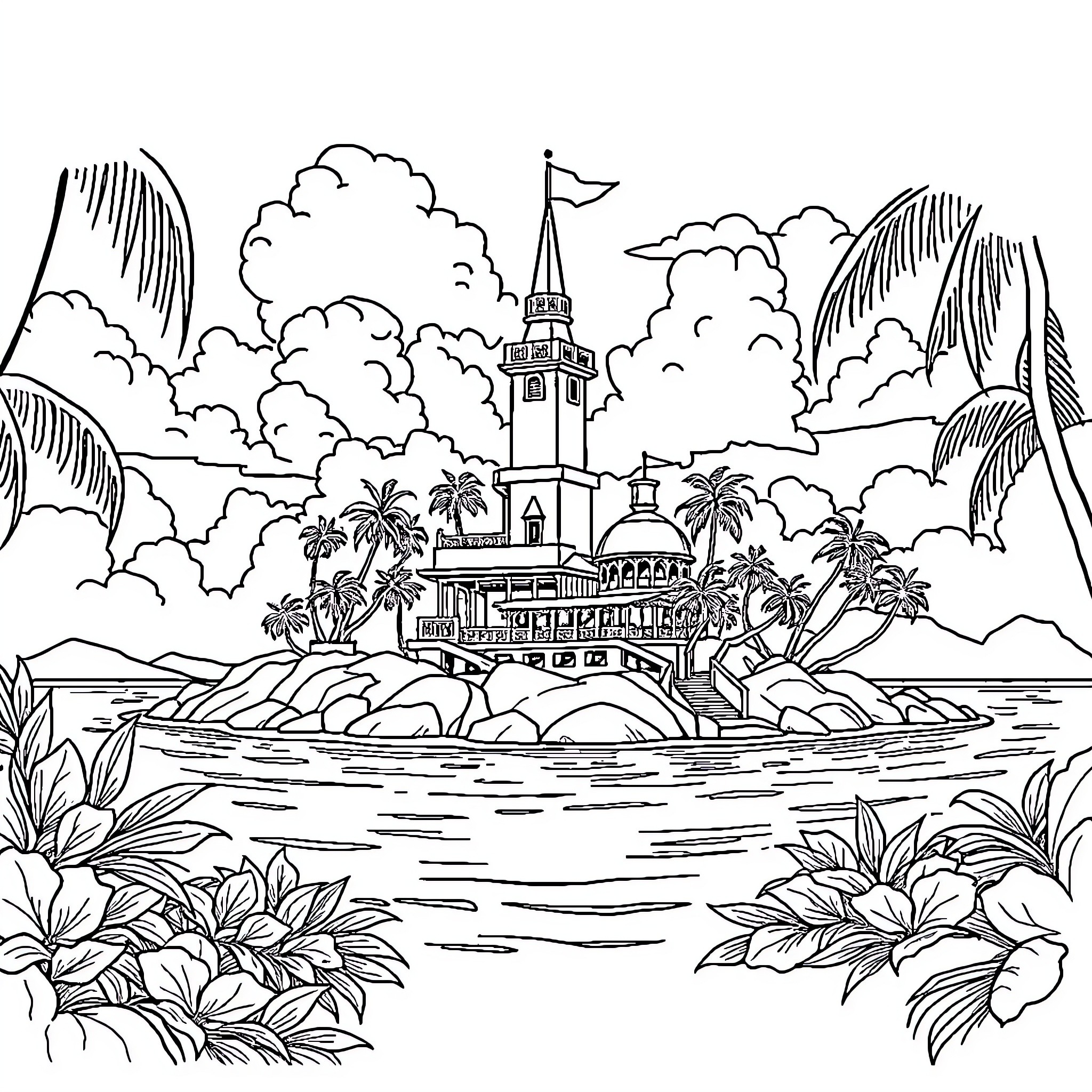 Pine castle on a tropical island paradise Coloring Page (free black-and-white line drawing printable PDF for all, from beginners to advanced learners, including children, teens, adults, and seniors)