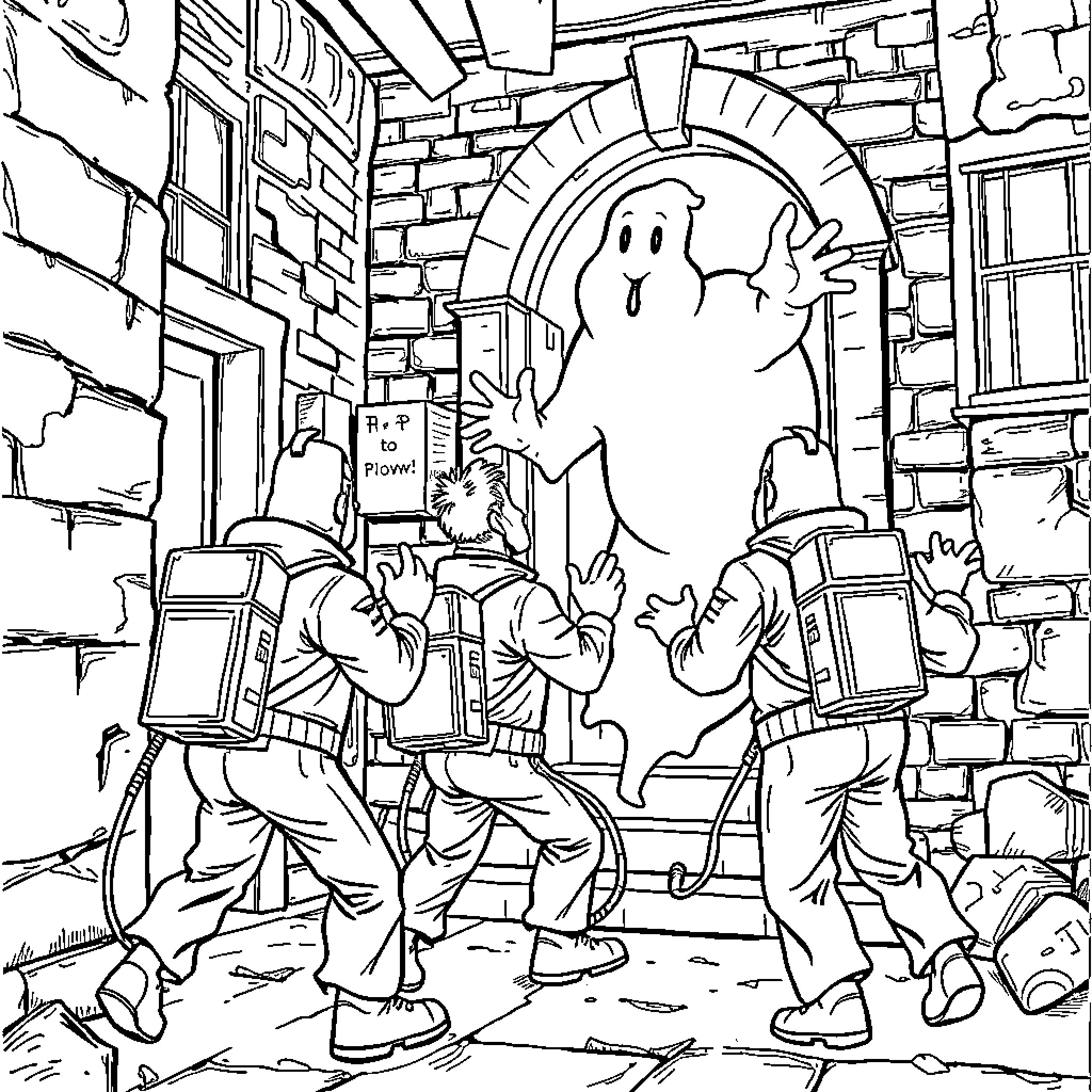 Ghostbusters in action against a ghostly apparition Coloring Page (free black-and-white line drawing printable PDF for all, from beginners to advanced learners, including children, teens, adults, and seniors)