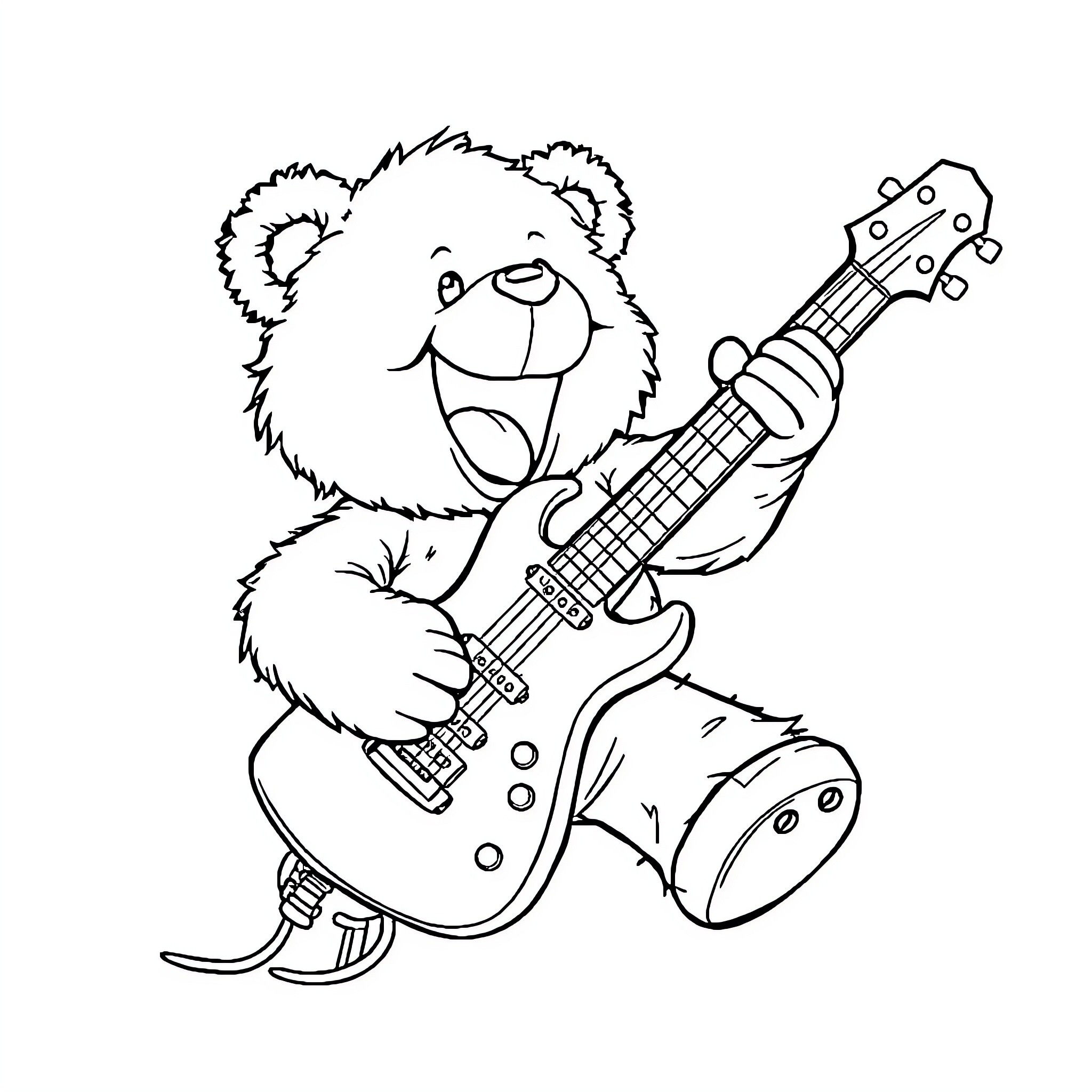 Teddy Bear playing electric guitar happily Coloring Page (free black-and-white line drawing printable PDF for all, from beginners to advanced learners, including children, teens, adults, and seniors)