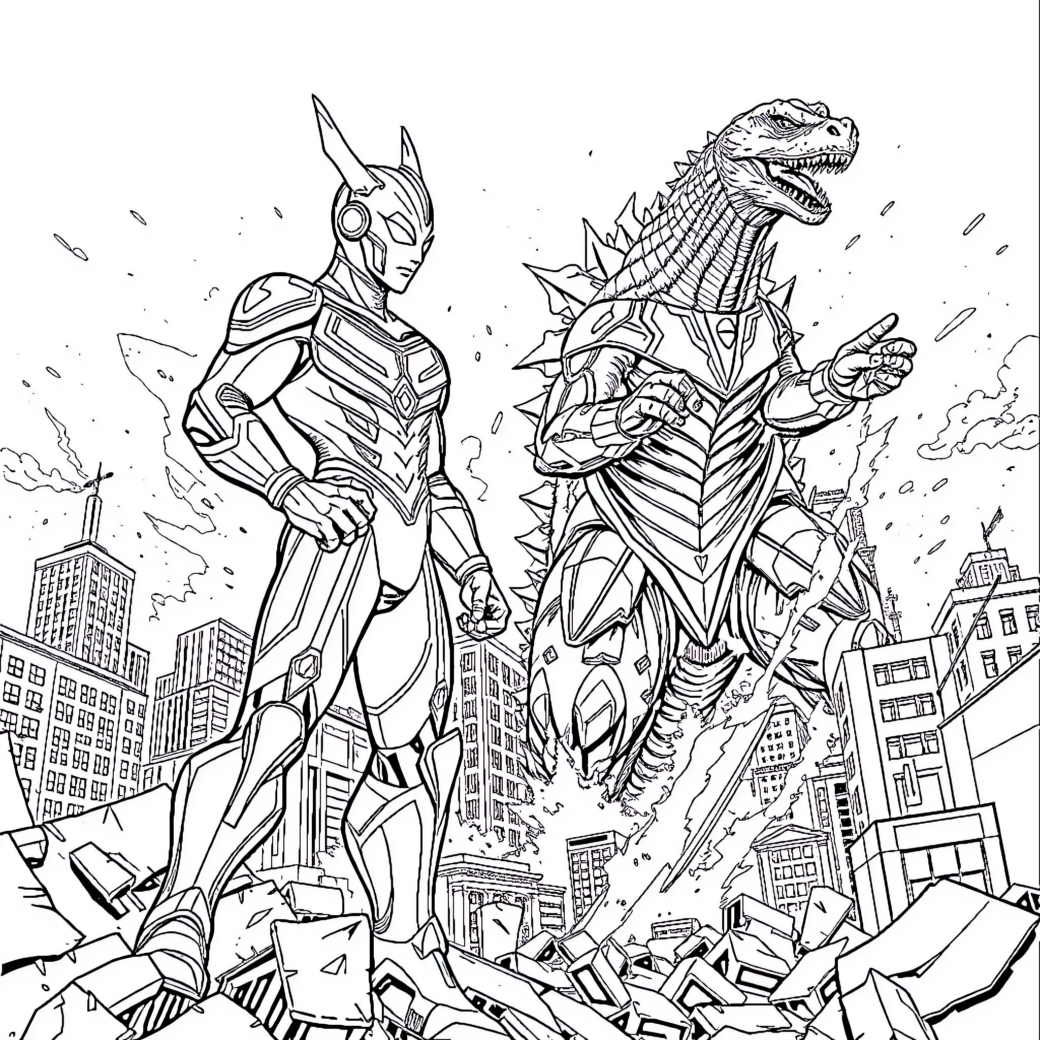 Ultraman battles colossal kaiju in urban destruction Coloring Page (free black-and-white line drawing printable PDF for all, from beginners to advanced learners, including children, teens, adults, and seniors)
