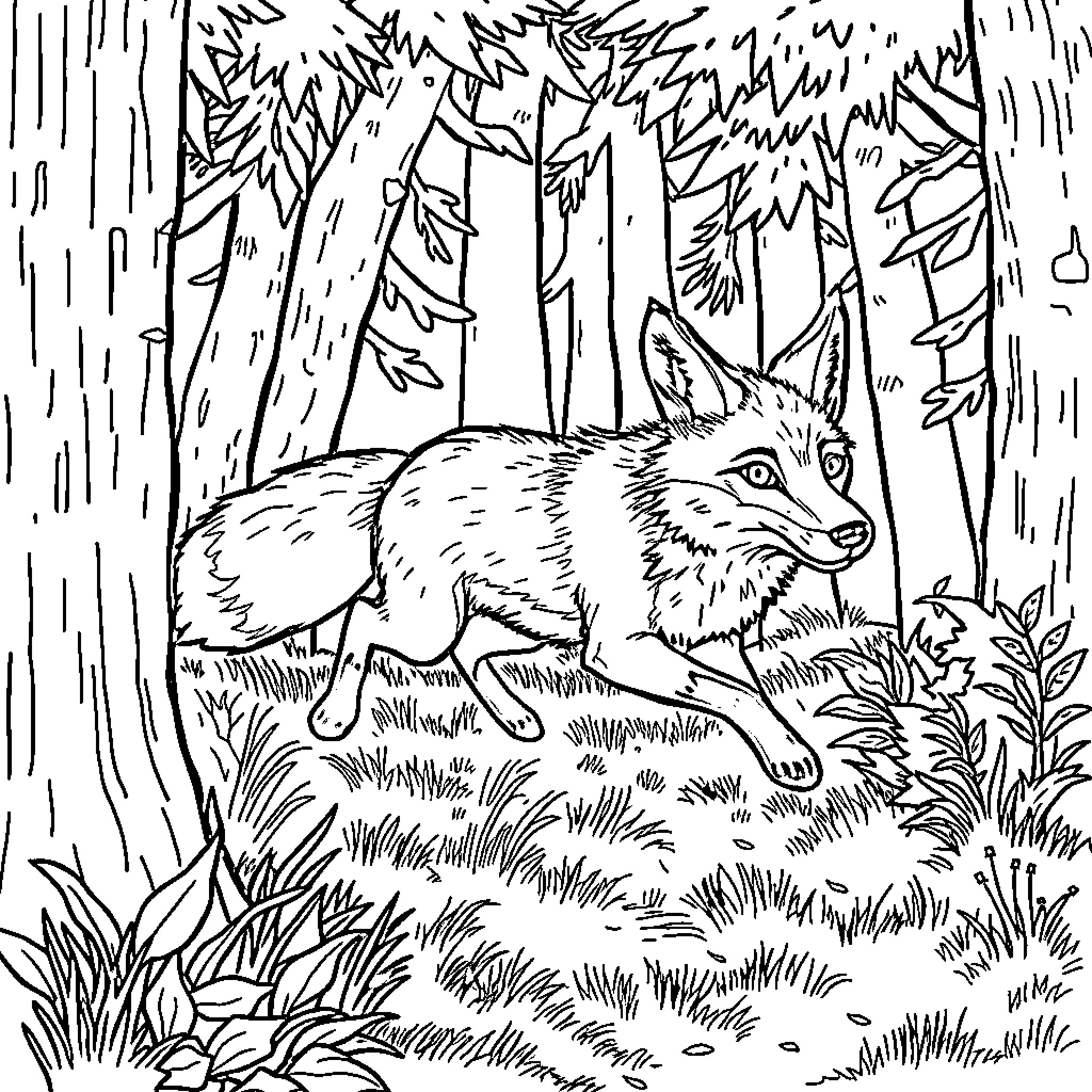 Fox racing swiftly through a forest landscape Coloring Page (free black-and-white line drawing printable PDF for all, from beginners to advanced learners, including children, teens, adults, and seniors)