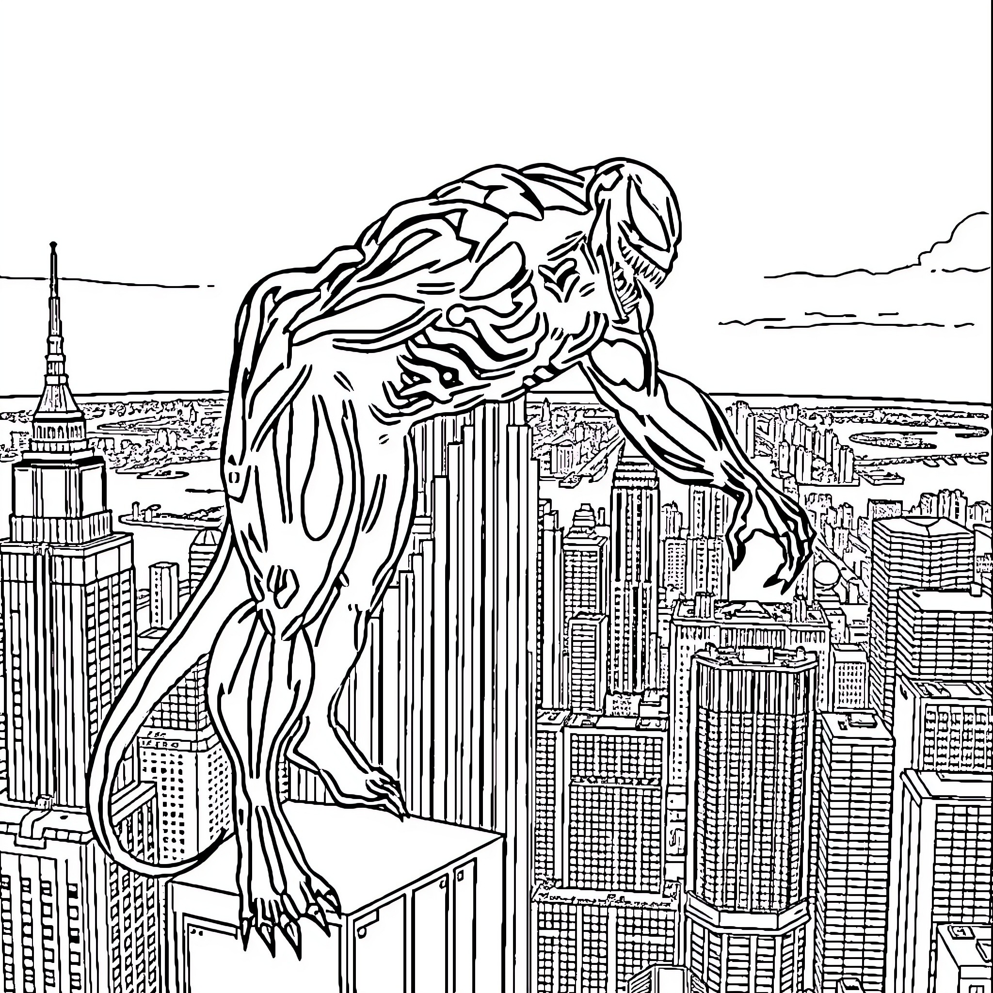 Venom Looming over the City Skyline Coloring Page (free black-and-white line drawing printable PDF for all, from beginners to advanced learners, including children, teens, adults, and seniors)