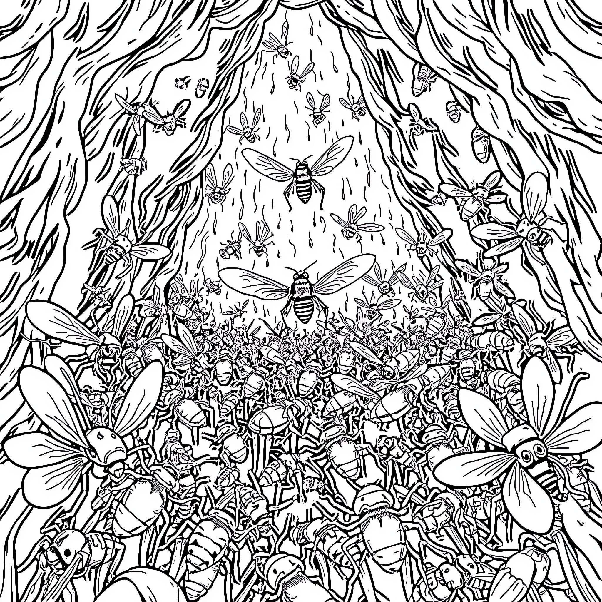 Insect swarm in the forest Coloring Page (free black-and-white line drawing printable PDF for all, from beginners to advanced learners, including children, teens, adults, and seniors)