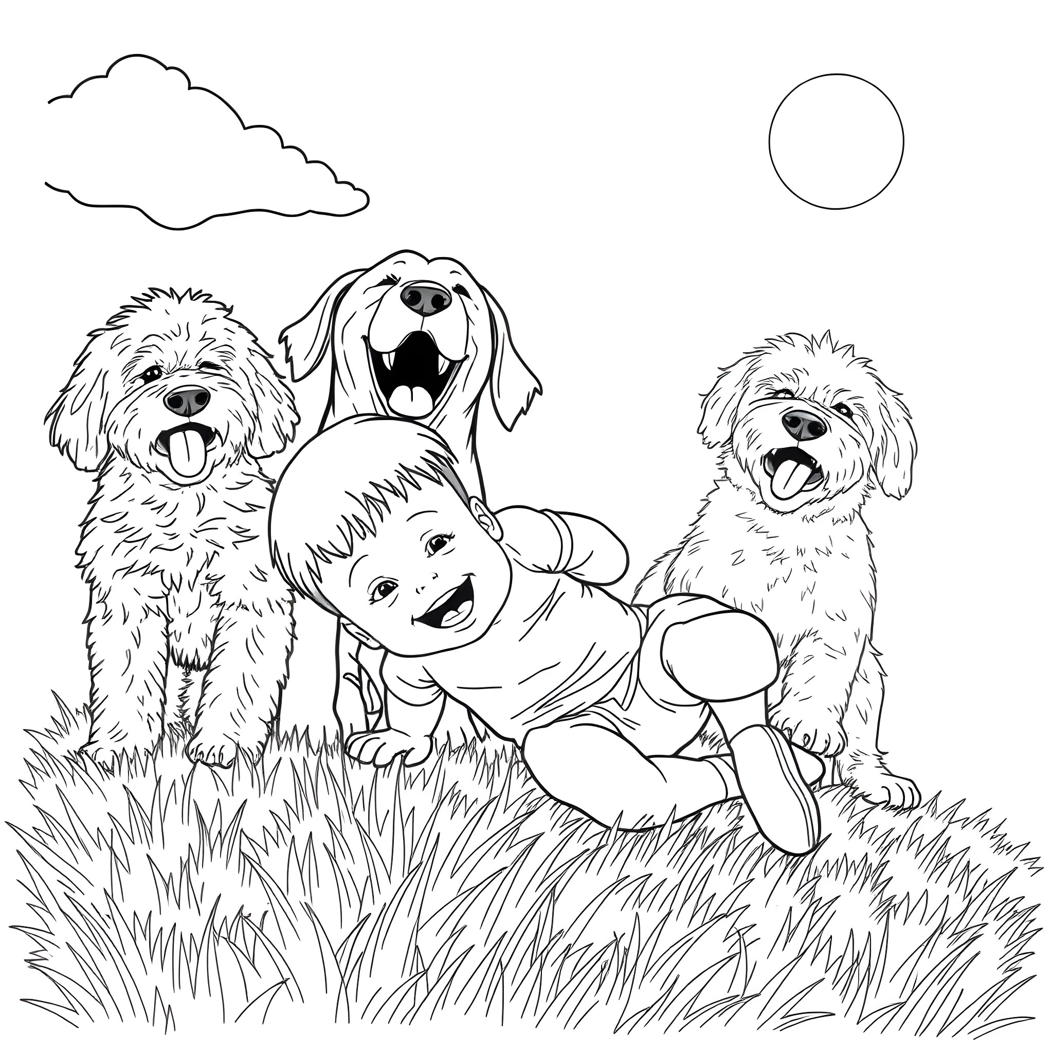 Boy and happy dogs playing in the grass Coloring Page (free black-and-white line drawing printable PDF for all, from beginners to advanced learners, including children, teens, adults, and seniors)
