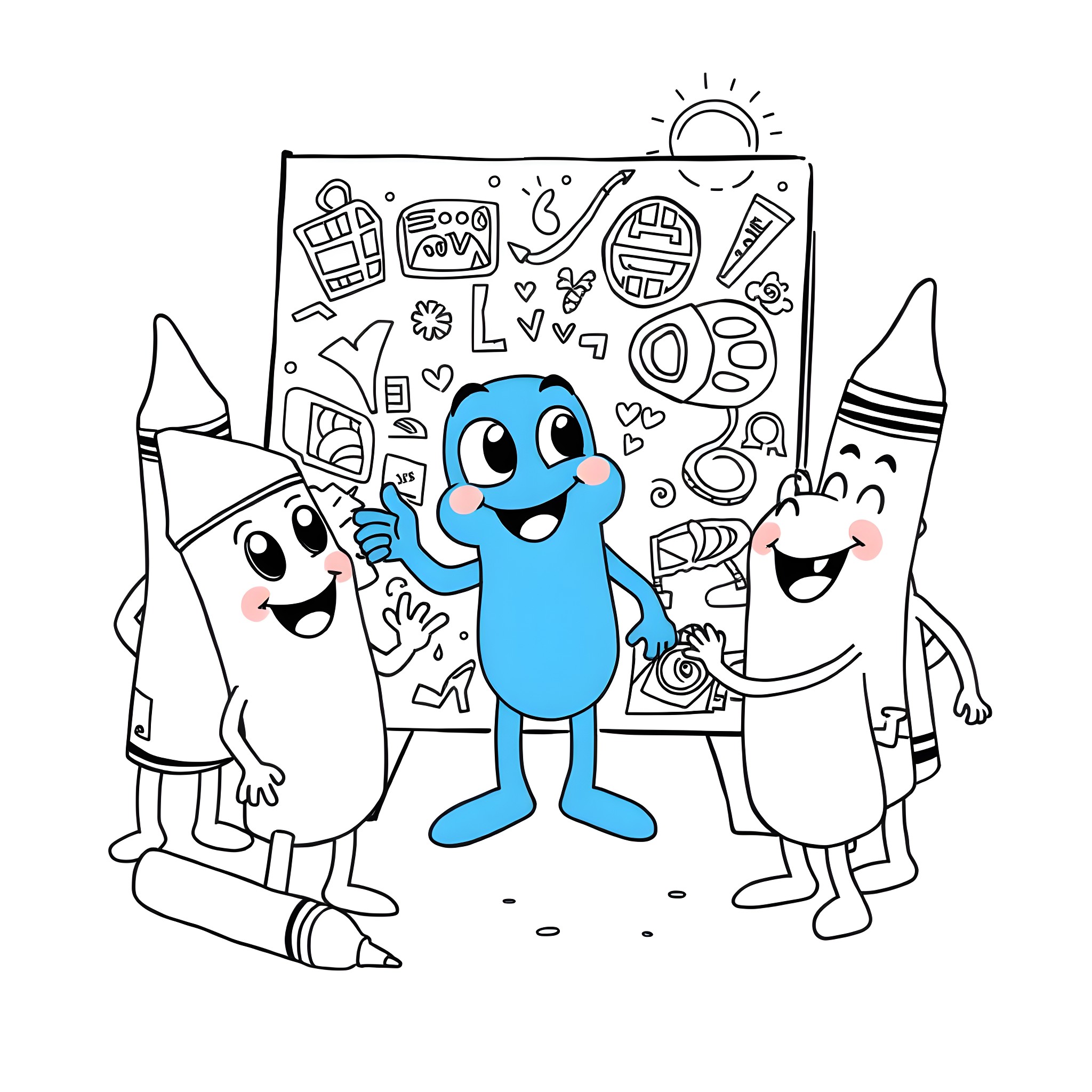Bluey and friends enjoying a creative drawing session Coloring Page (free black-and-white line drawing printable PDF for all, from beginners to advanced learners, including children, teens, adults, and seniors)