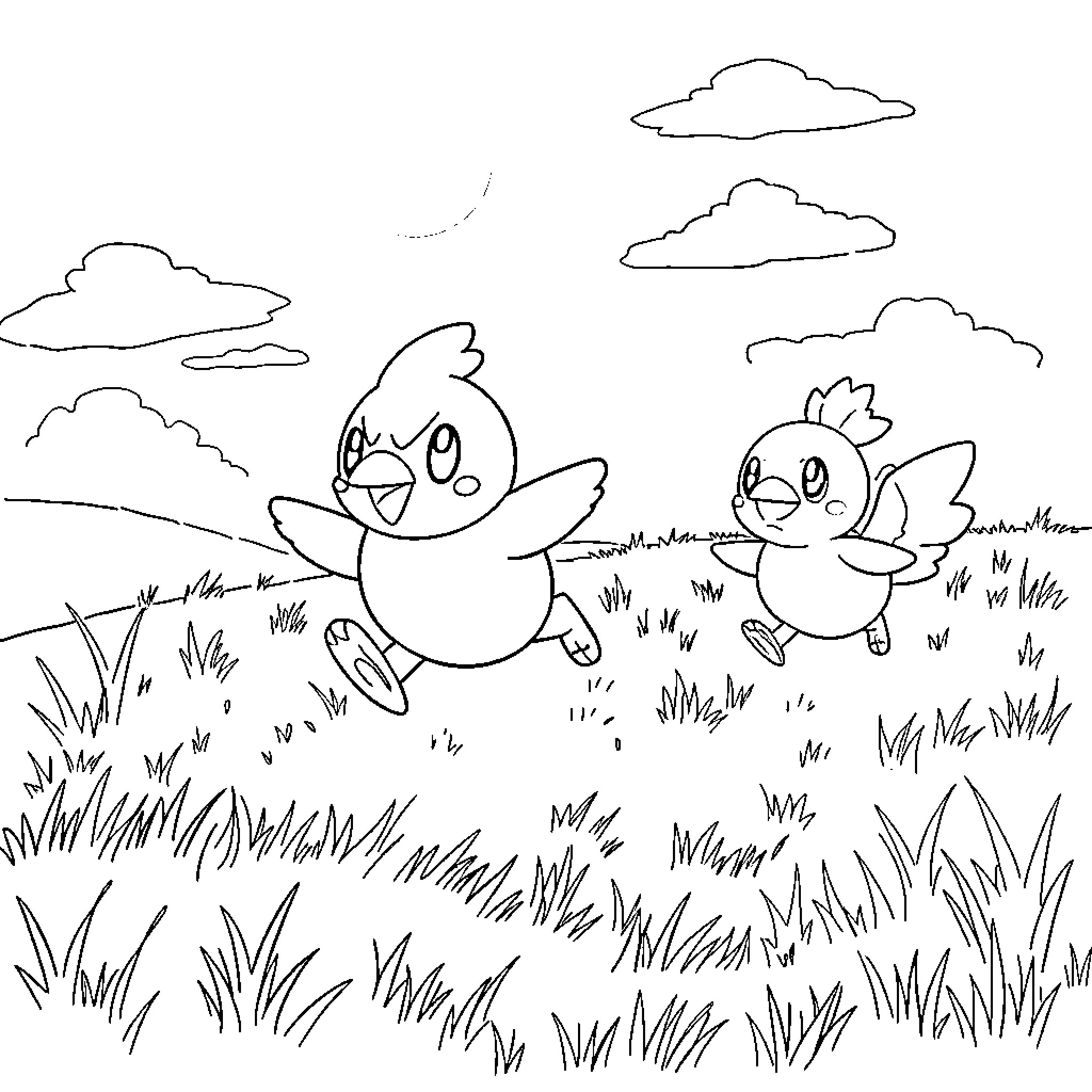 Piplup playing happily in the grassy meadow Coloring Page (free black-and-white line drawing printable PDF for all, from beginners to advanced learners, including children, teens, adults, and seniors)